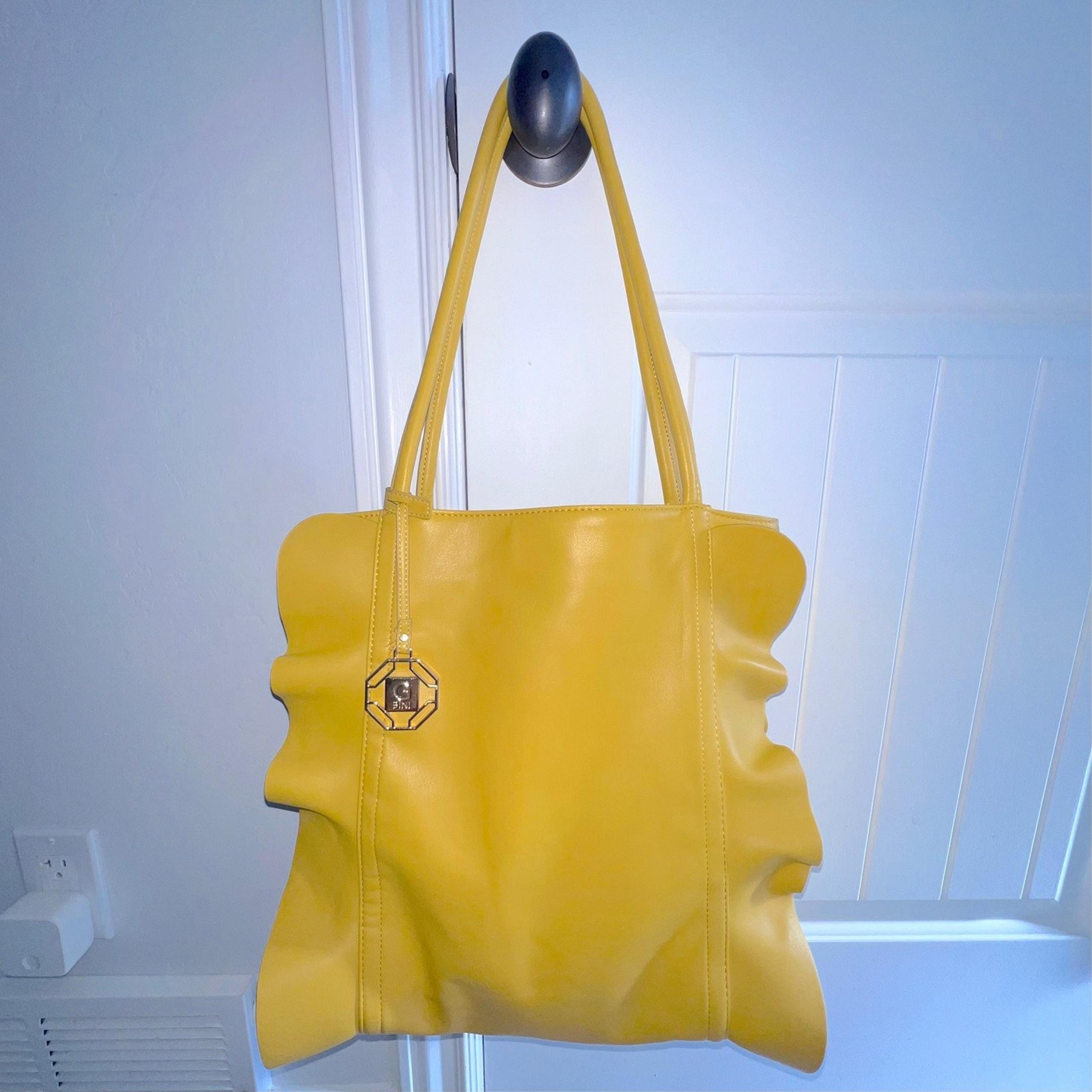 Gianni Bini Yellow Faux Leather Side Ruffle Shoulder Bag Tote - EUC
