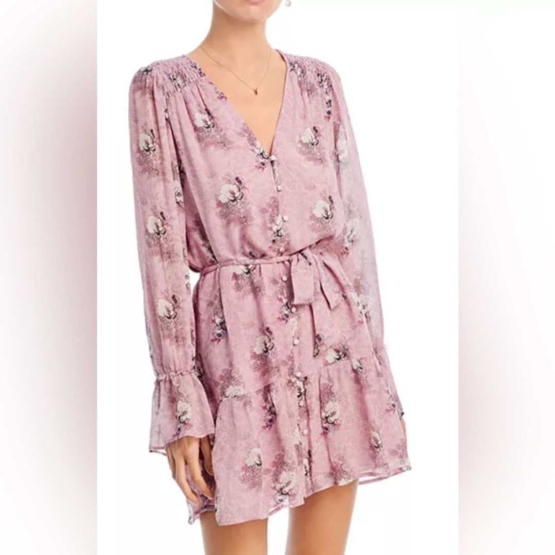 PAIGE Carmela Silk Mini Dress Sunrise Pink Floral Long Sleeve Boho SMALL NWOT