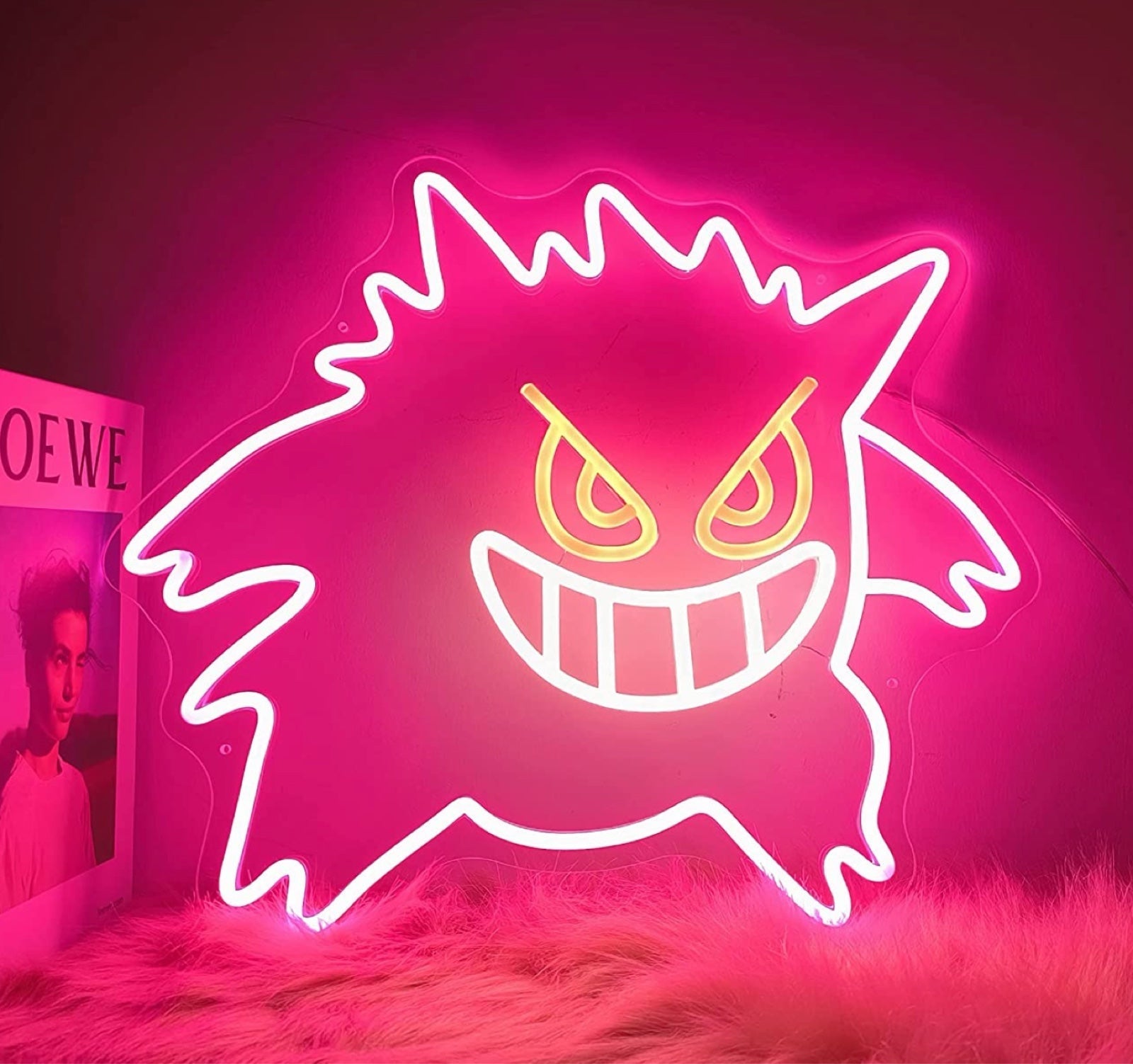 Fun Bright Pink Gengar Pokemon with Red Eyes LED Night Light Room Wall Decor
