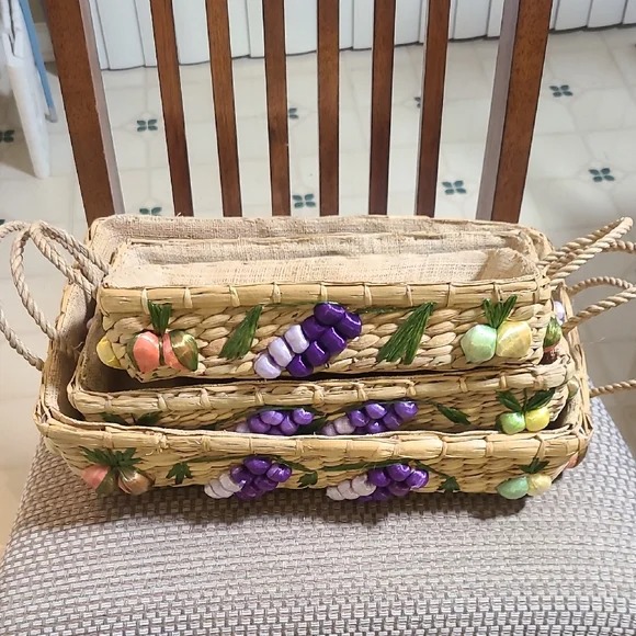 Vintage Raffia Vegetable Basket Set of 3 Casserole Carrier Country Cottagecore