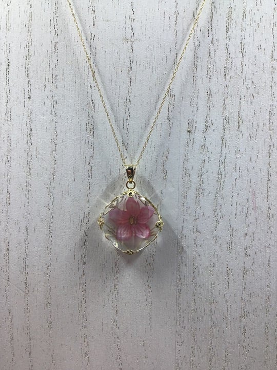 14K YG Rock Crystal with Pink MOP Flower Pendant & Diamond Accent