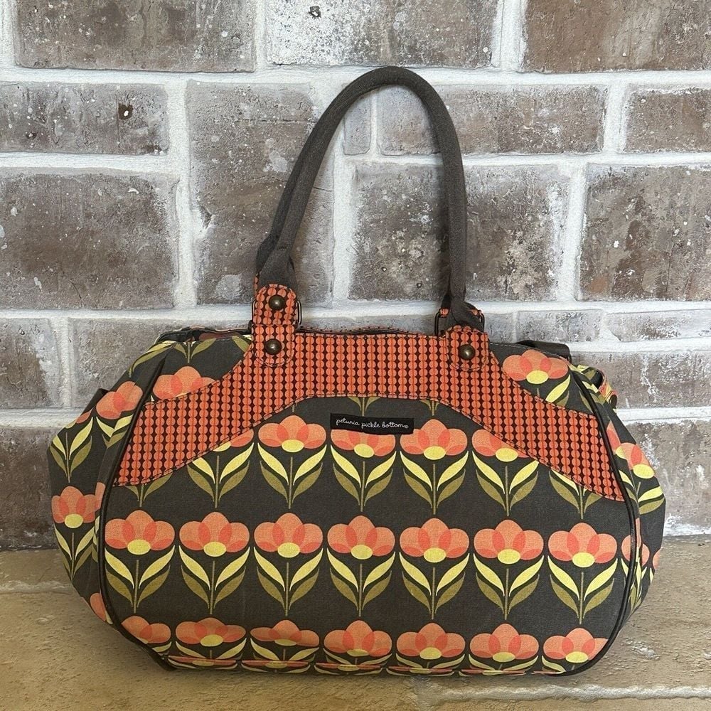 PETUNIA PICKLE BOTTOM Tote Baby Diaper Bag Large Brown Orange Floral Canvas