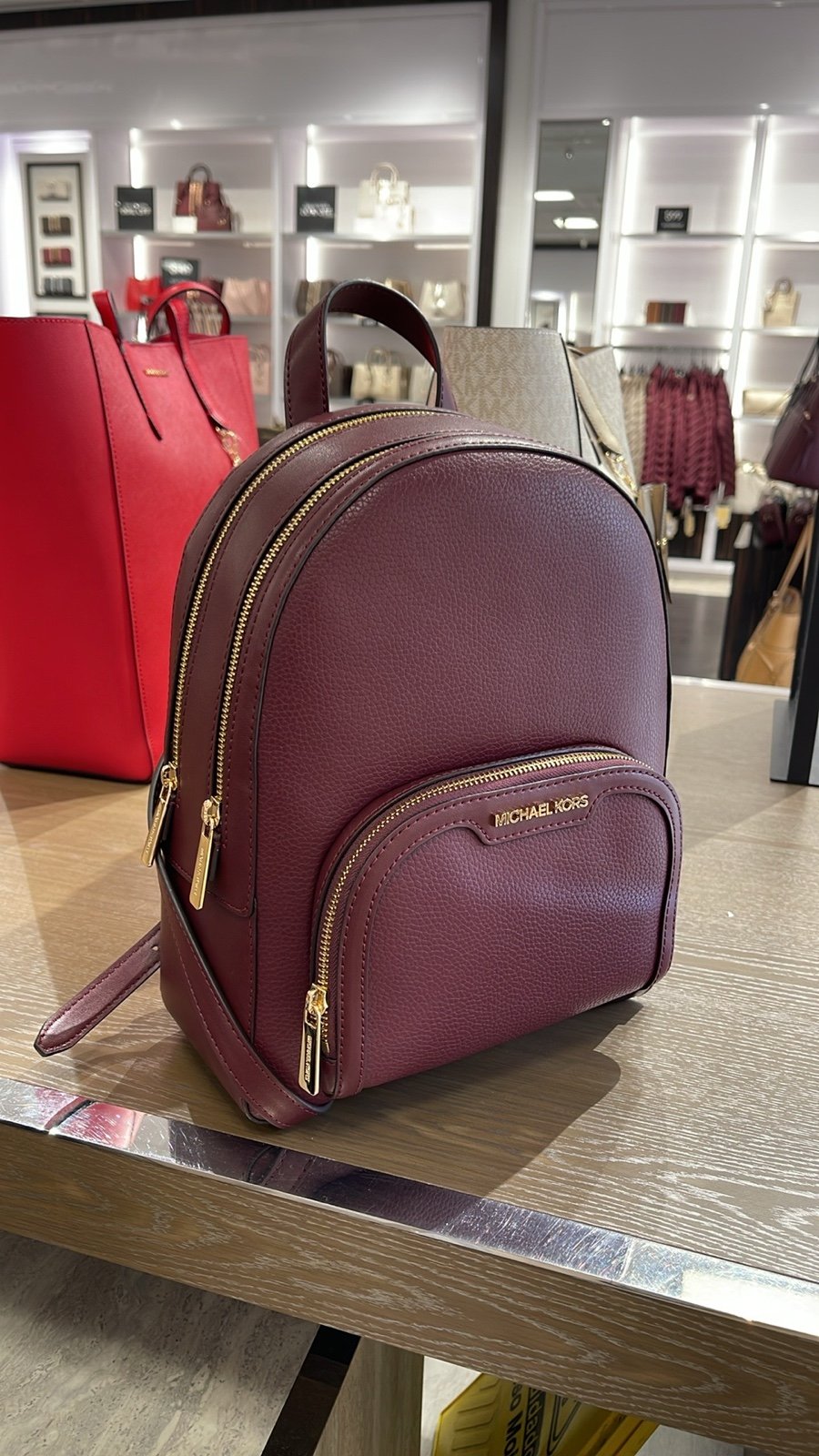 Michael Kors Jaycee Medium Pebbled Leather Backpack Oxblood /Golden Tone