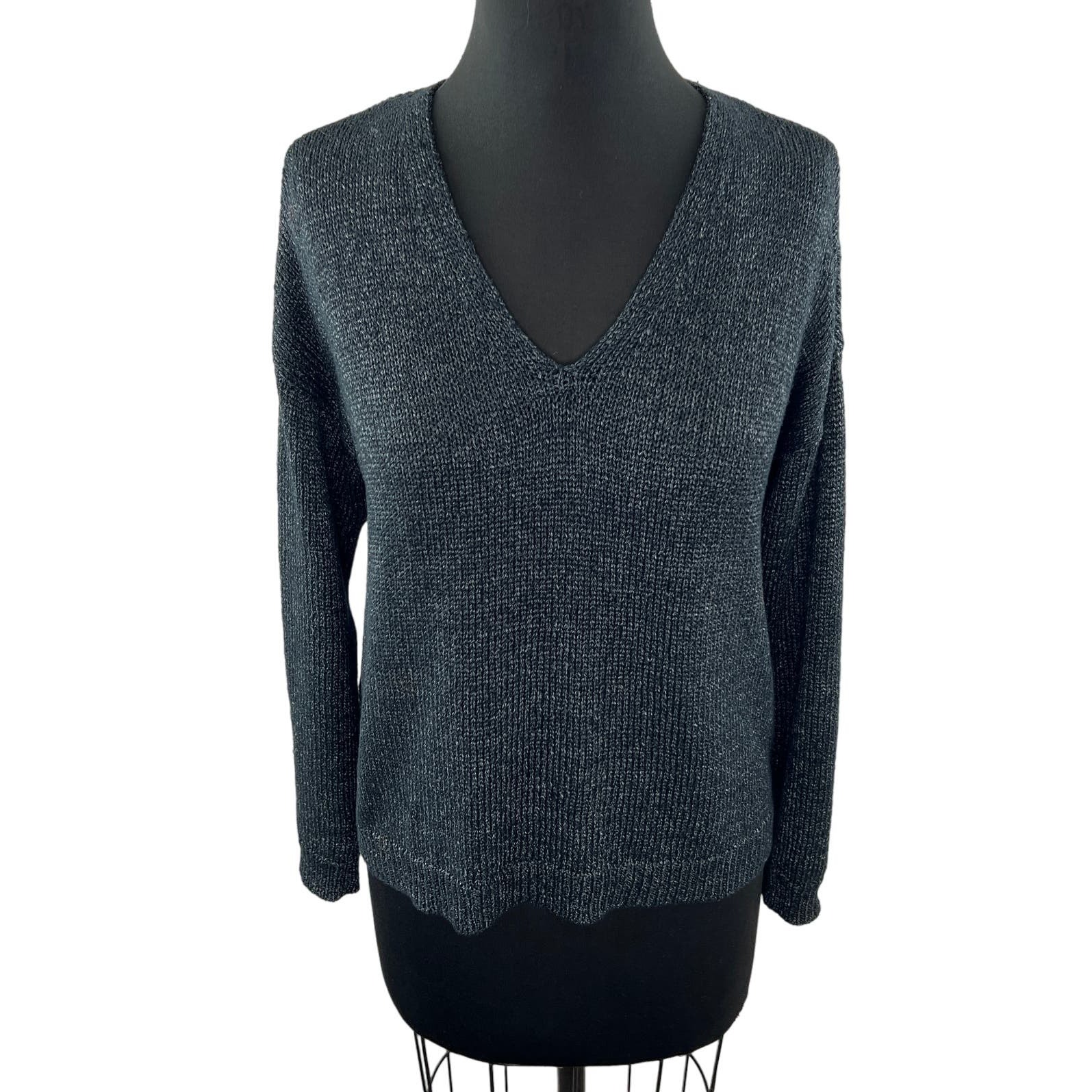 EILEEN FISHER Black Gray Linen Blend V-Neckline Long Sleeve Ribbed Sweater Sz S