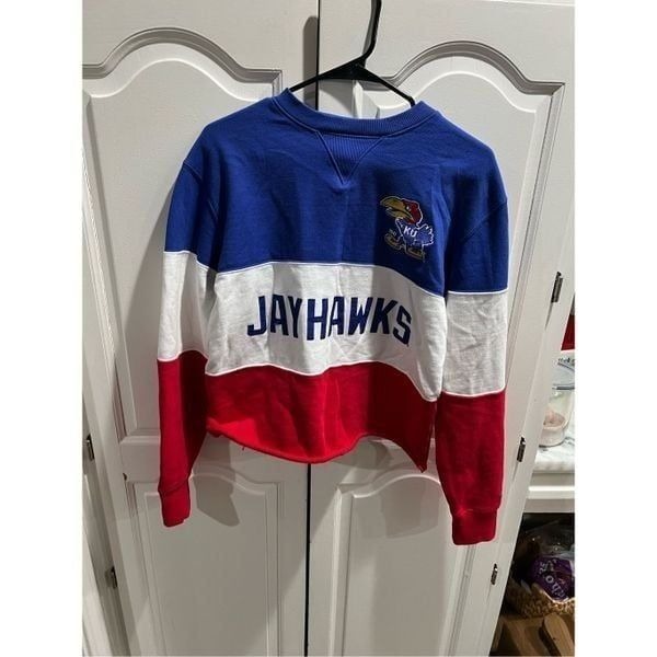 CHAMPION KANSAS JAYHAWKS BLUE BLOCKED LONG SLEEVE CREW SWEATSHIRT cropped Small