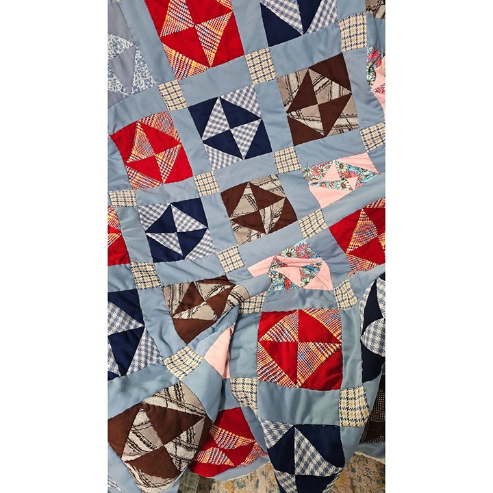 Handmade Patchwork Quilt Twin Size Blue Red Plaid & Floral Patterns Cotton Blend