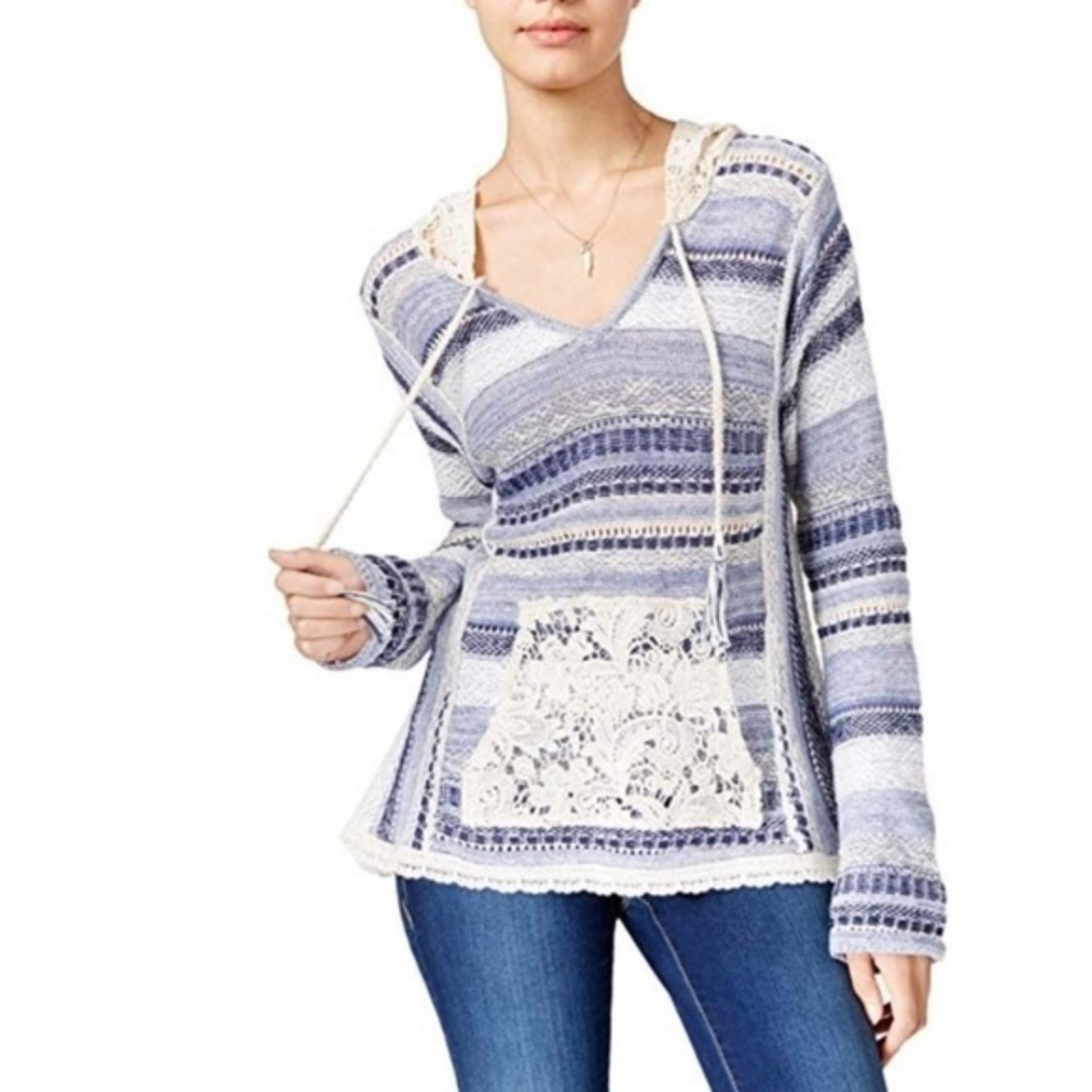 American Rag Juniors Crochet Hooded Pullover Sweater Navy Cream Stripes Size L