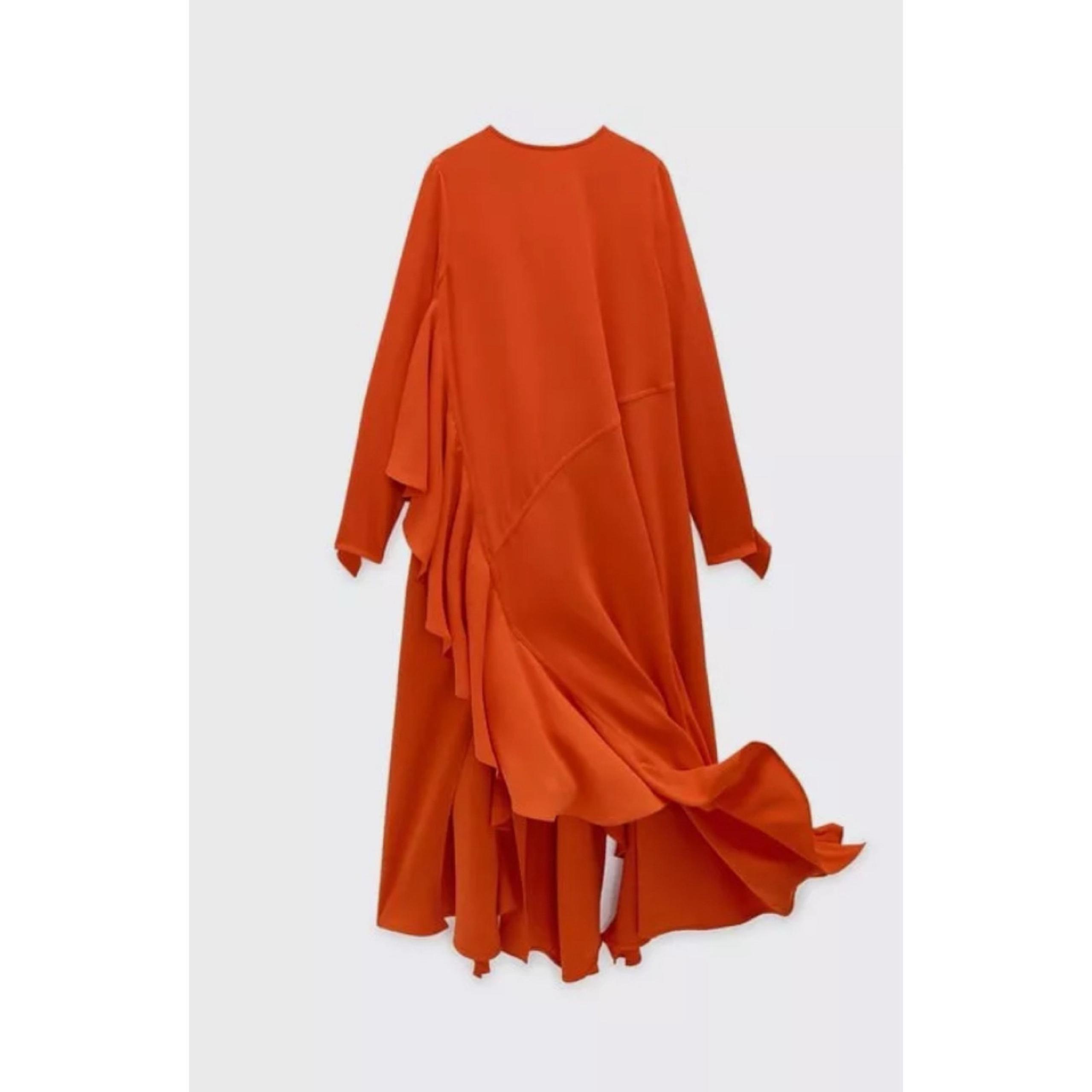 Zara Orange Ruffled Flowy Ruffle Midi Casual Maxi Dress Women's Small New