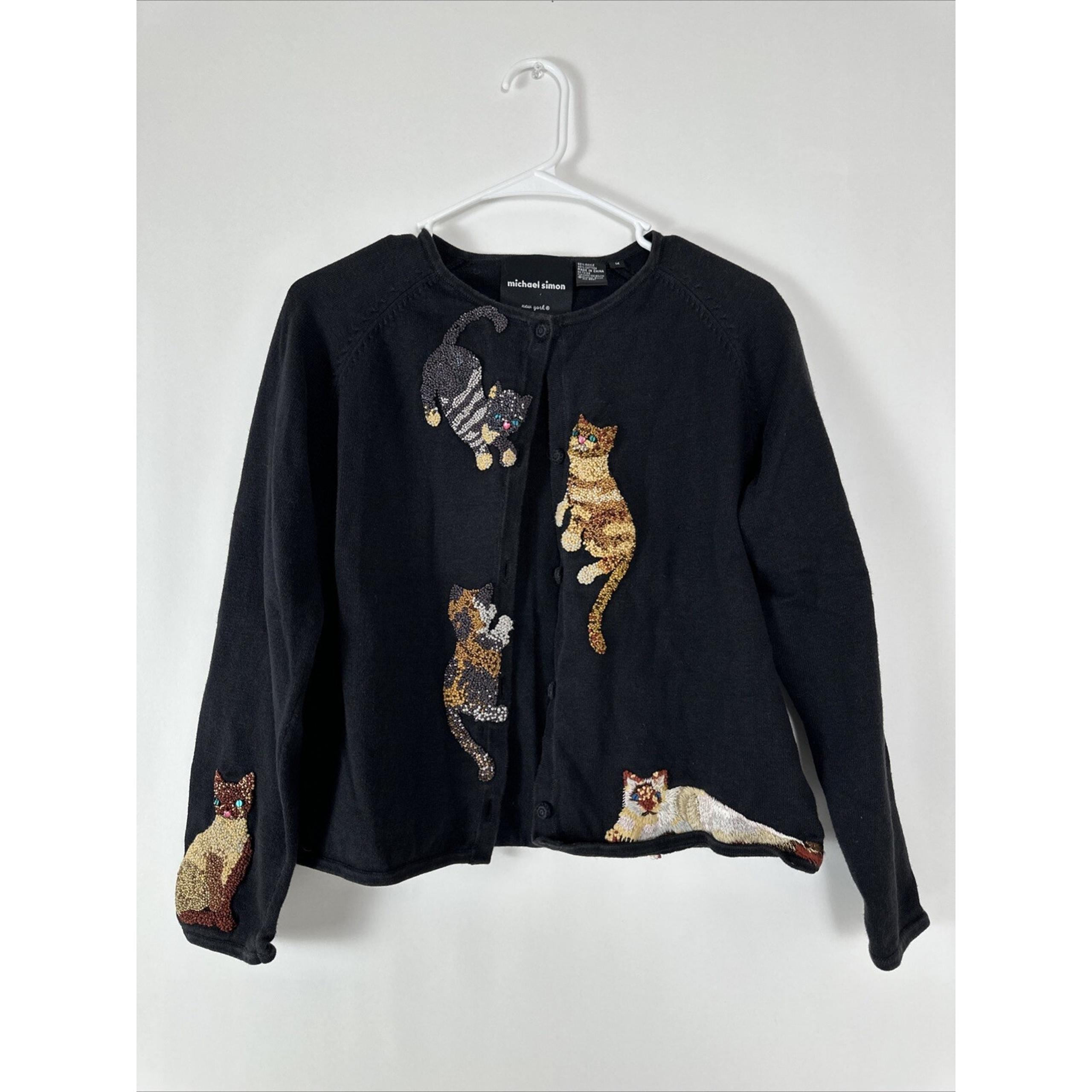 Michael Simon Cats Cardigan Sweater Womens Medium Black Button Closure Vintage