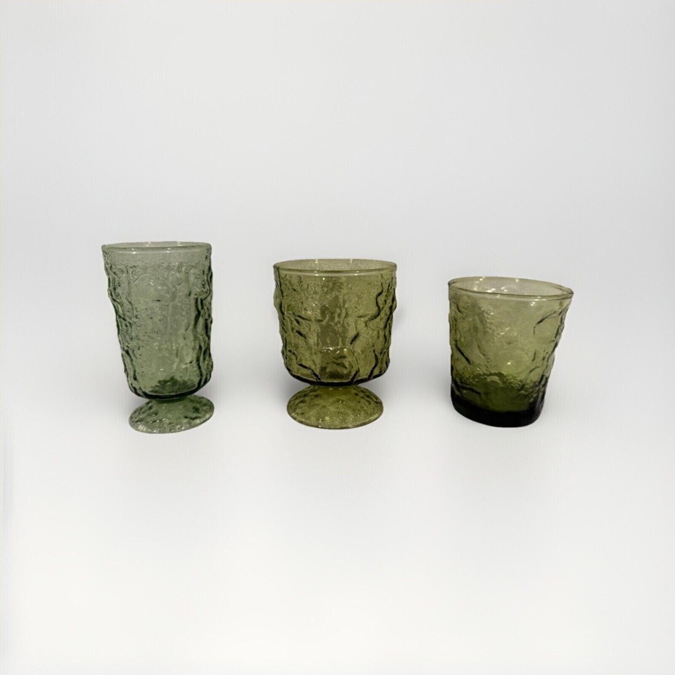 3 Anchor Hocking Green Crinkle Glasses (1) 4.5” Footed (1) 4” Tall (1) 3.5” Tall