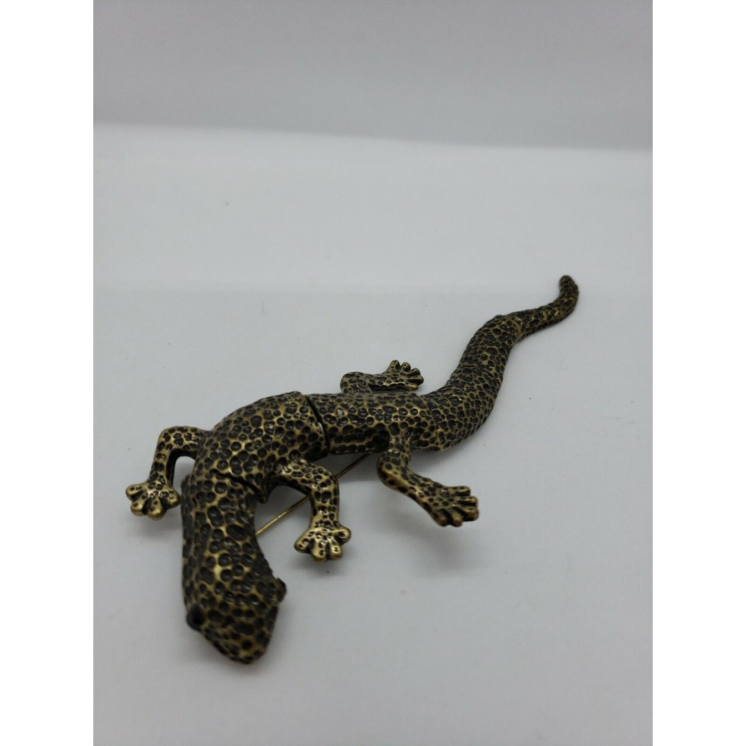 Lizard Reptile Articulated Bronze Tone Black Movement Brooch Jewelry Costume