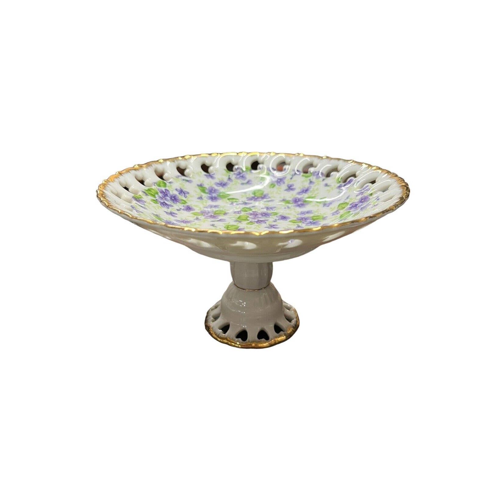 Lefton Violet Round Compote Chintz Gold Trim Hand Painted 650V Pedestal Hearts