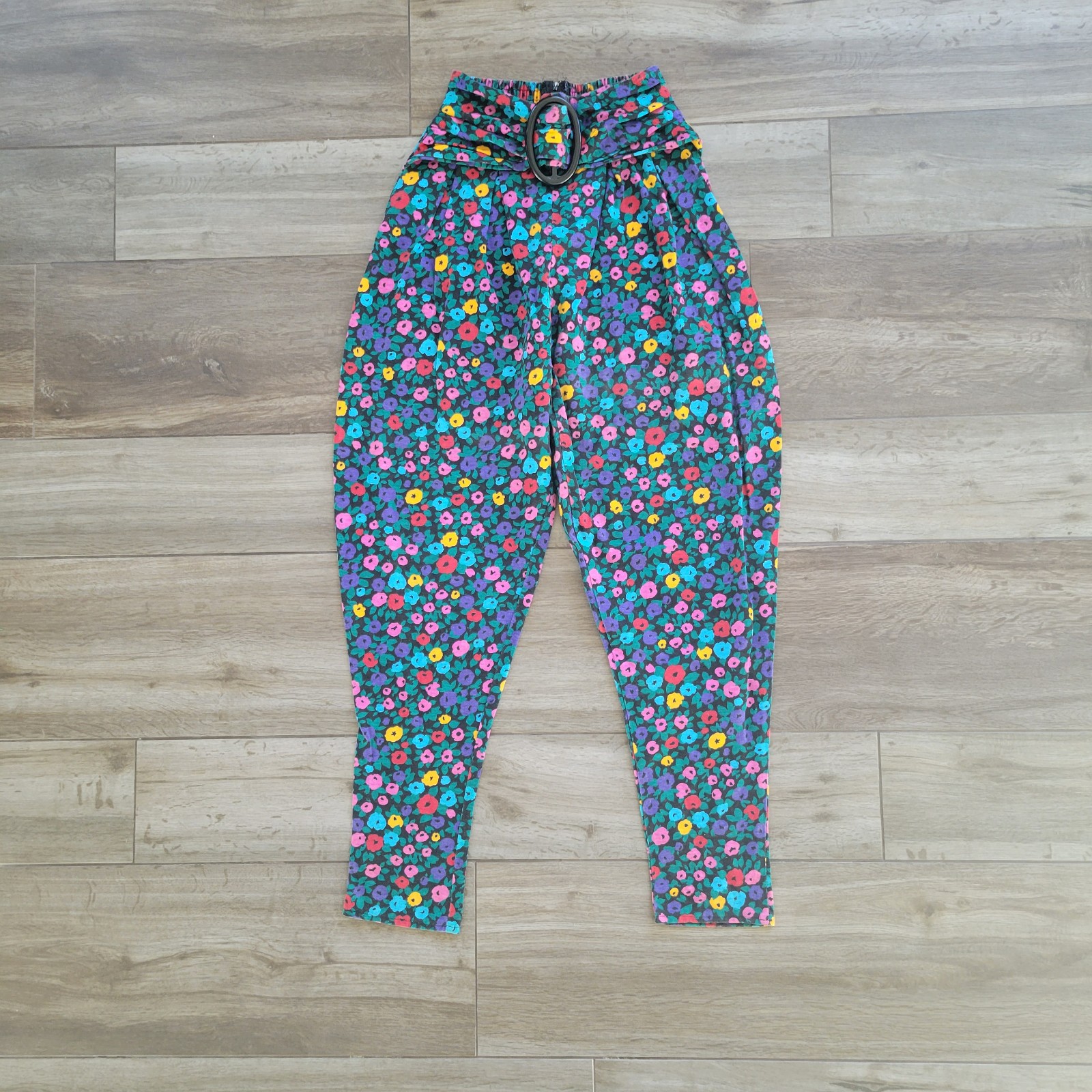 Vintage 80s Catch Me High Waisted Tapered Pop Art Flowers Harem Pants Pleated
