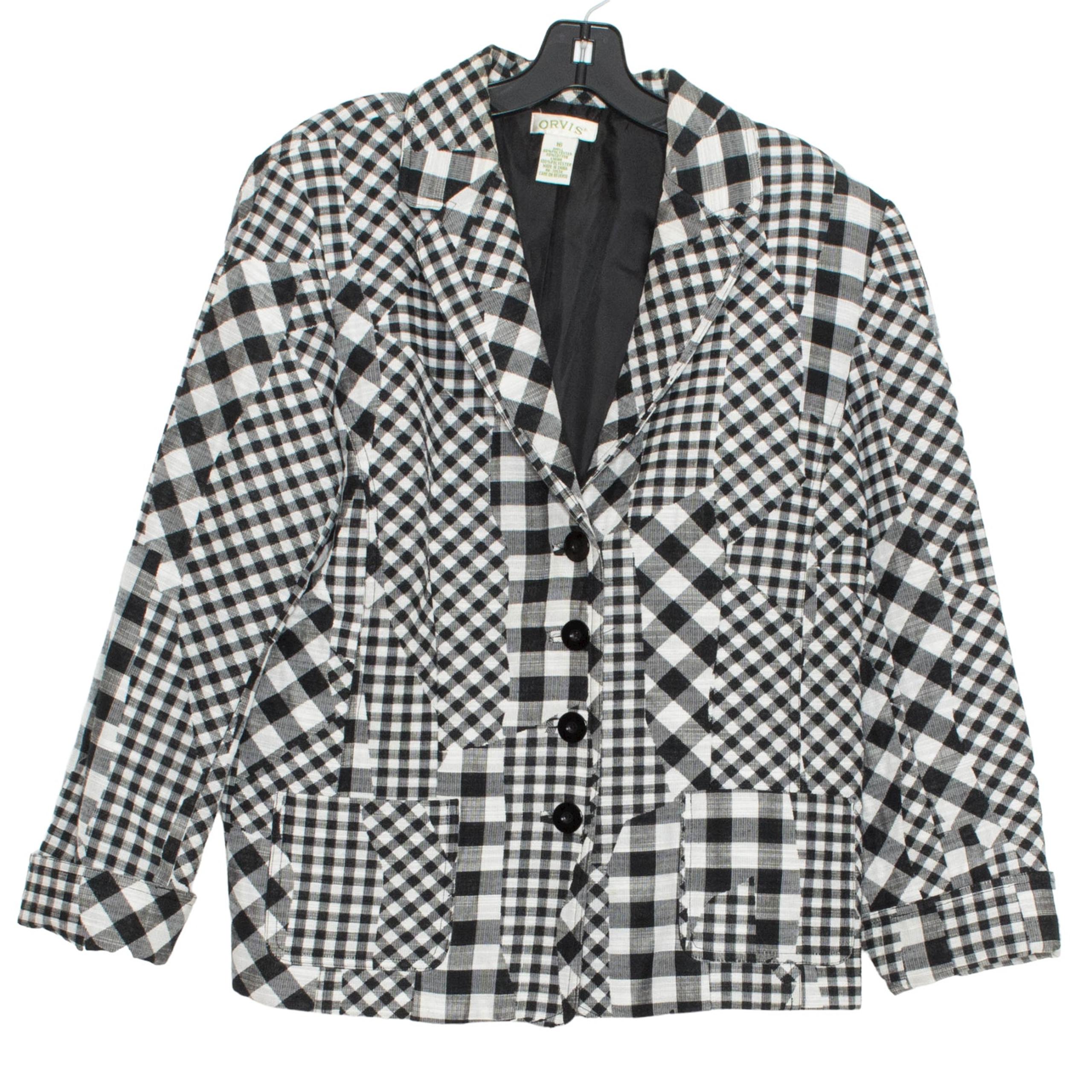 Orvis Womens Blazer Preppy Country Boho Academia Retro Gingham Black White 16 CQ