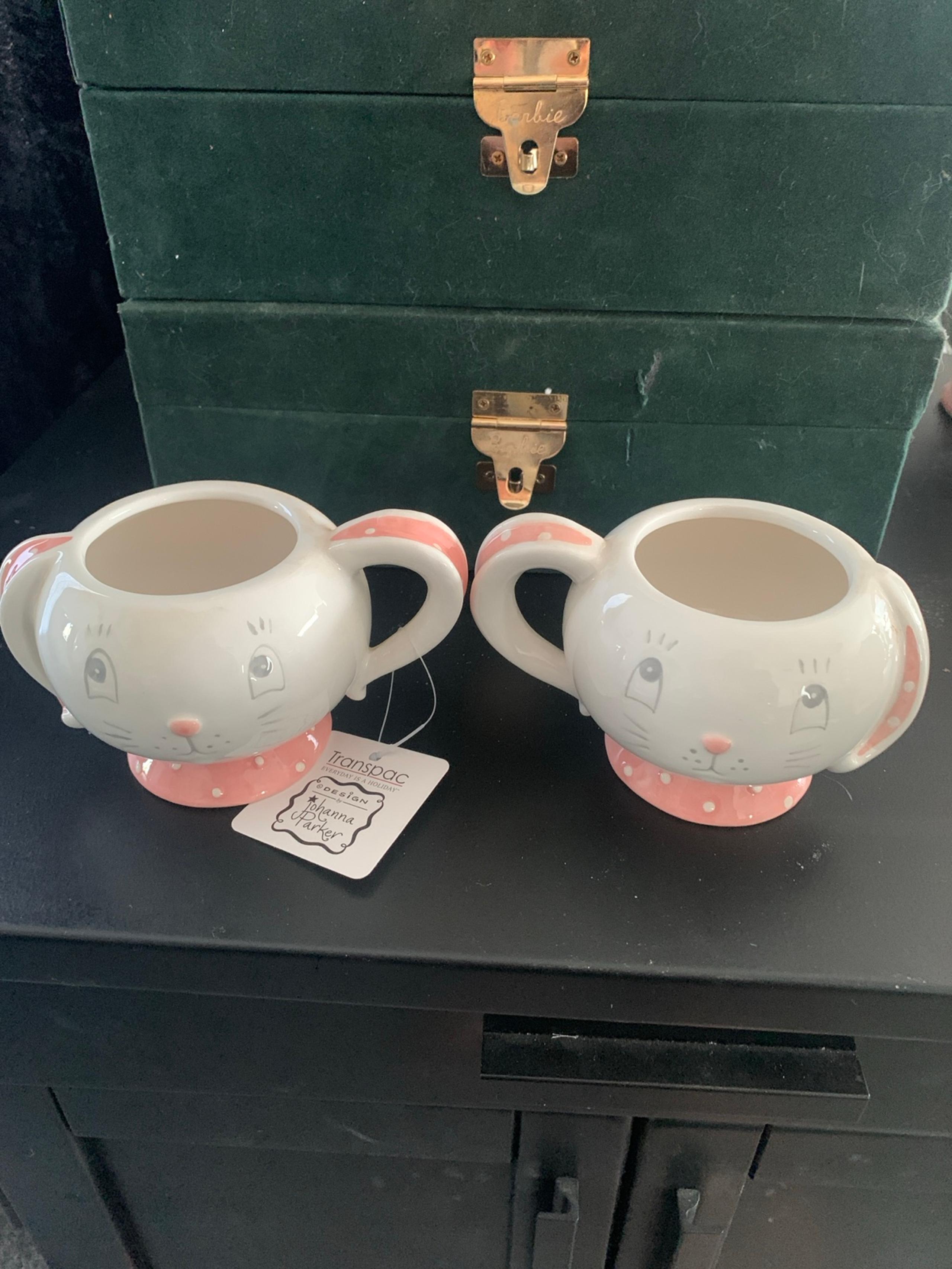 JOHANNA PARKER Pink HANDLED Dottie Bunny MUGS BY TRANSPAC Easter Mugs x2