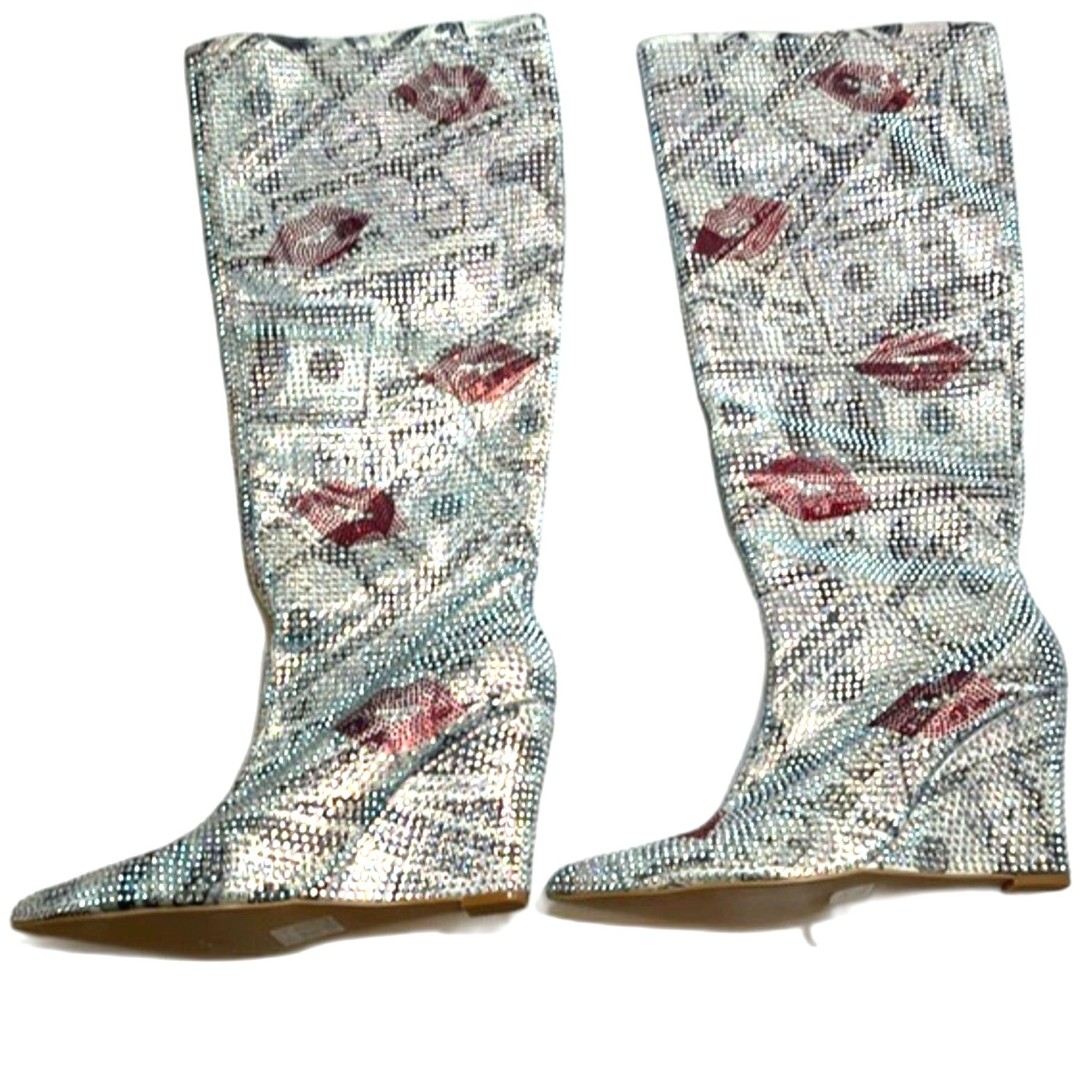 Rhinestone Lips Print Wedge Boots Sz 11 Sparkly Knee High Pointed Toe Glam