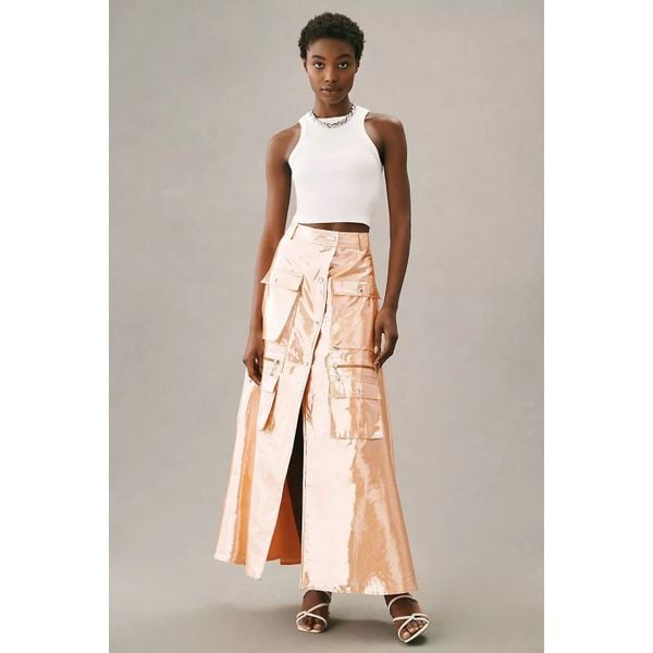 Anthropologie Let Me Be Metallic Cargo Maxi Skirt Size S. B14