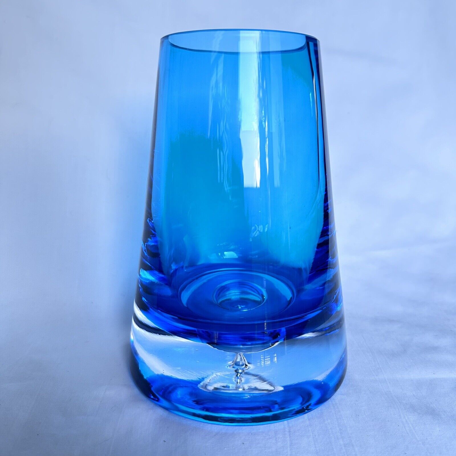 Krosno Poland Art Glass Tapered Turquoise Vase With Clear Bottom and Bubble 7 in