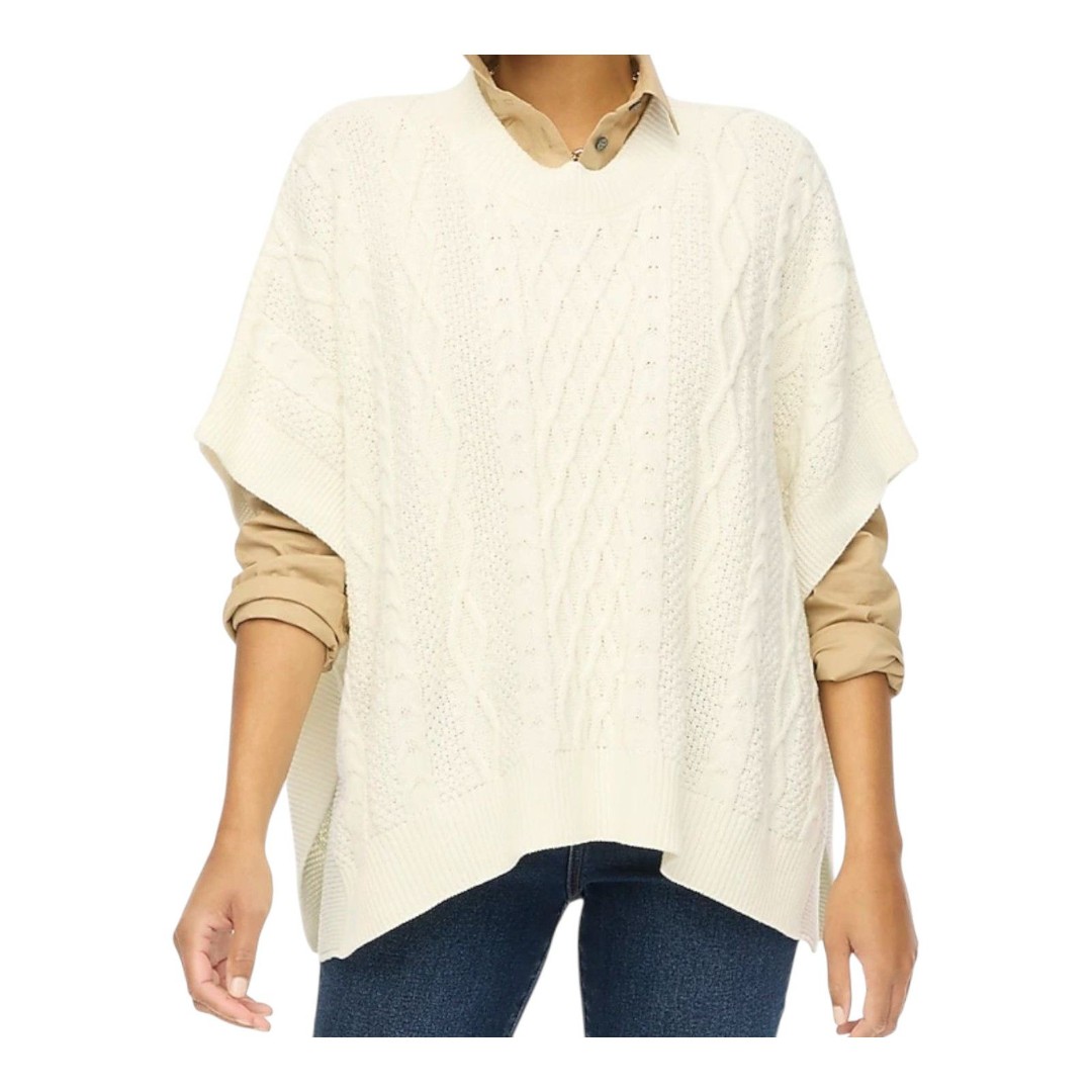 J. Crew Womens Fisherman Cable Knit Poncho New- Ivory BW669, One Size 98 SP 24