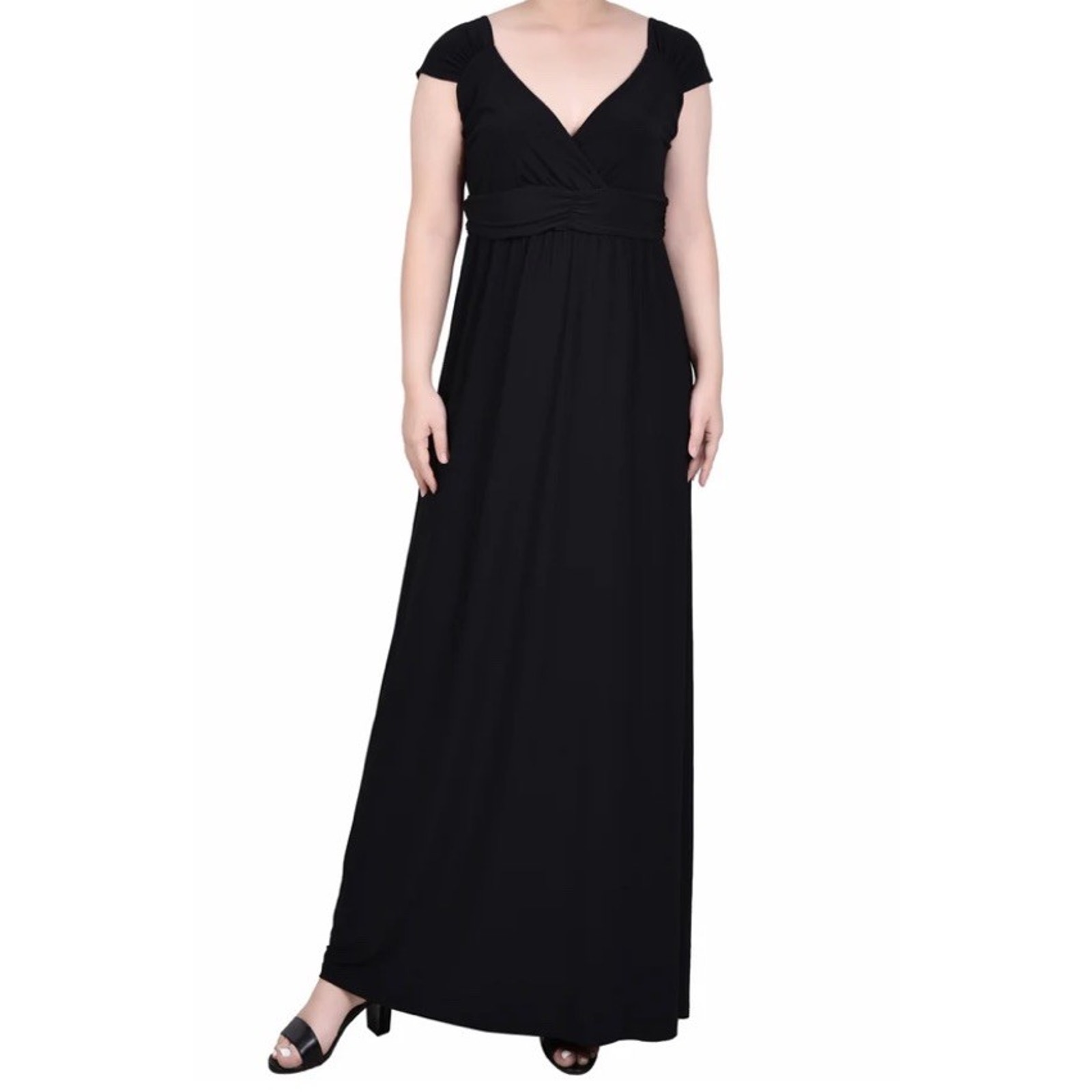 NY Collection Womens Black Empire Ruched Waist Maxi Dress Size 1X Surplice VNeck