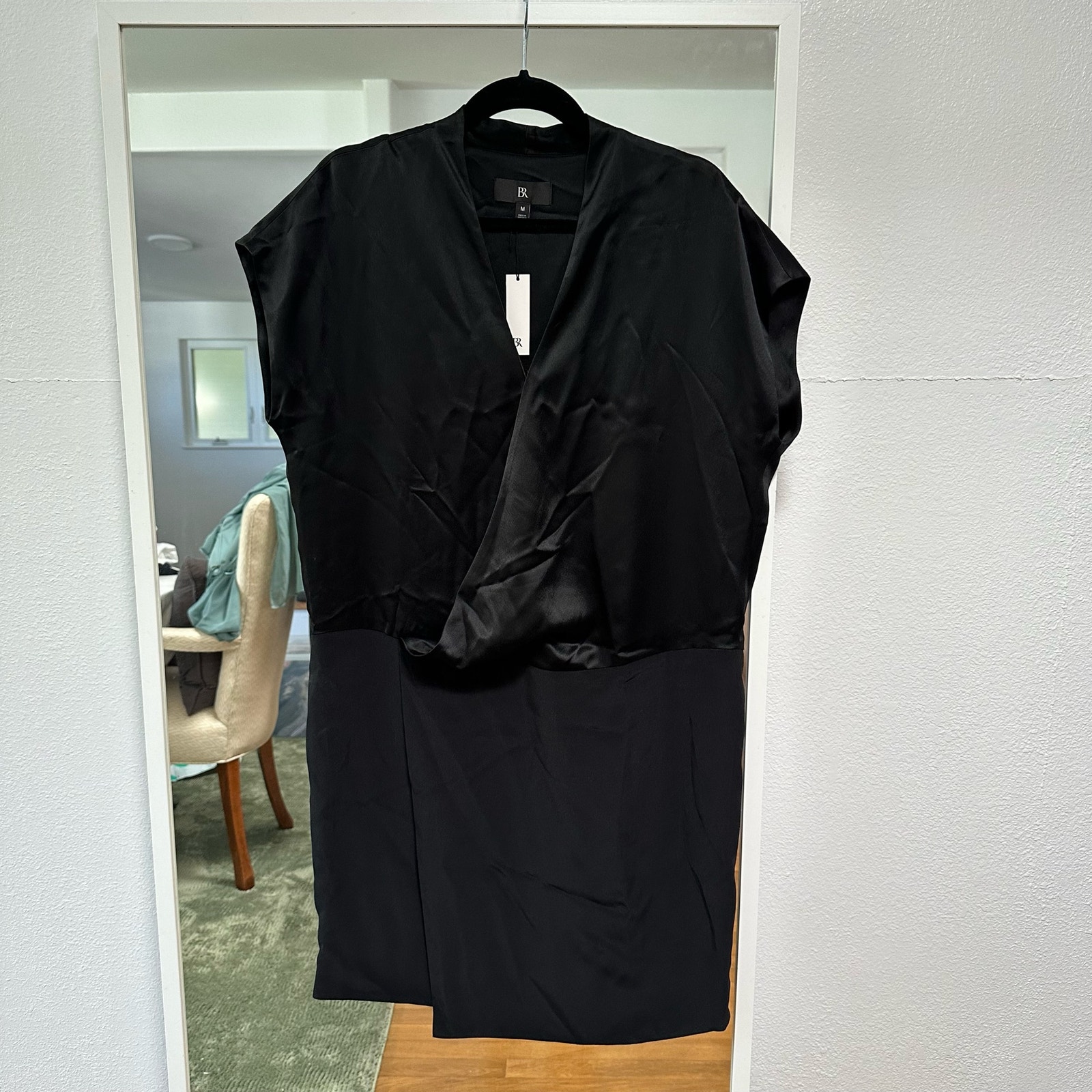 Banana Republic Black V-Neck Faux Wrap Satin Dress - Size Medium (NWT)