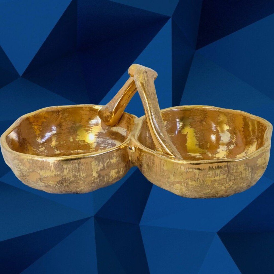 VINTAGE STANGL POTTERY HAND PAINTED GRANADA GOLD 3784 DOUBLE BOWL WITH HANDLE