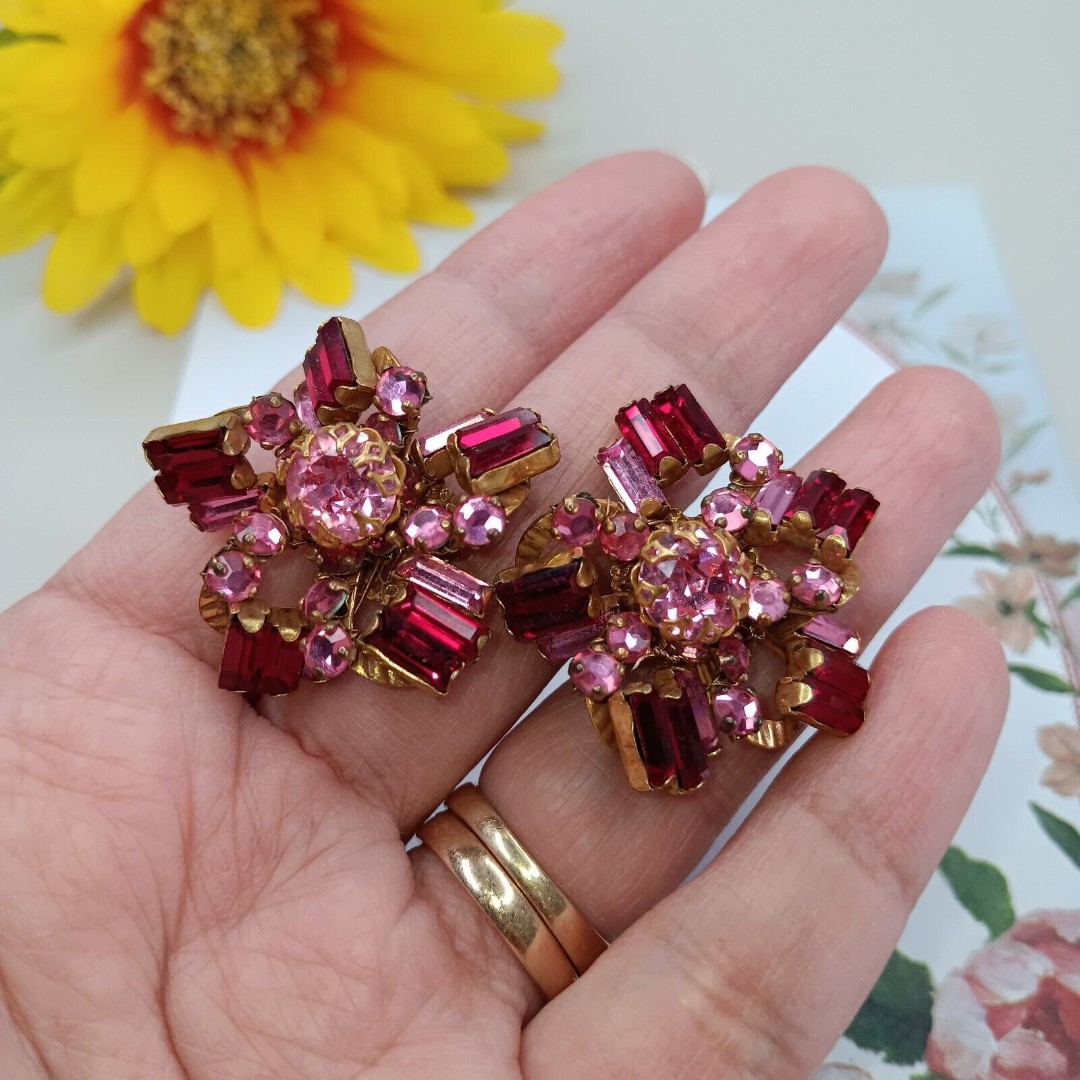 Vintage MIRIAM HASKELL Signed Ruby Red Pink Crystal Flower Clip On Earrings