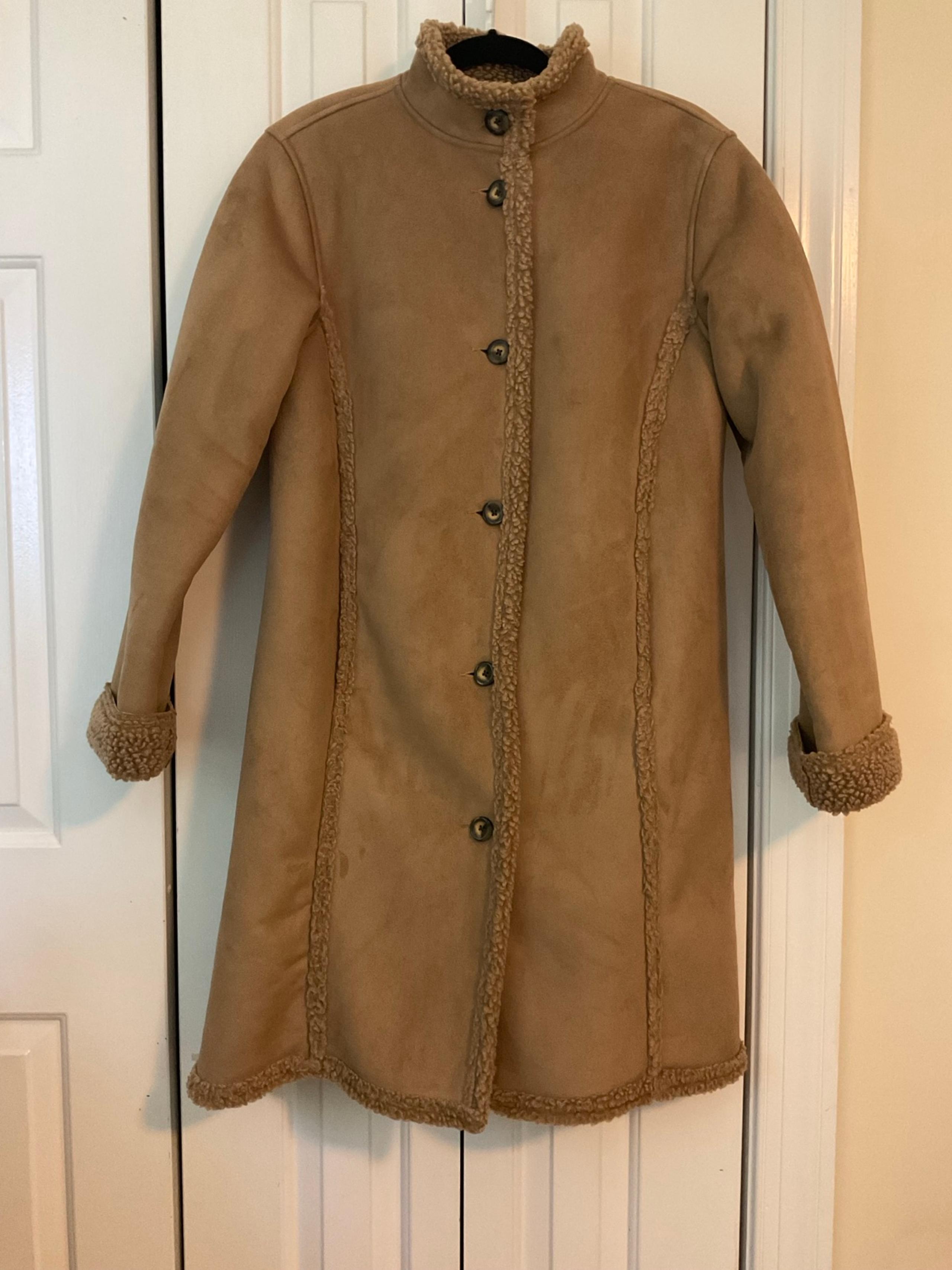 LL Bean Long Coat Brown Faux Suede Sherpa Shearling Jacket Womens Med Vintage
