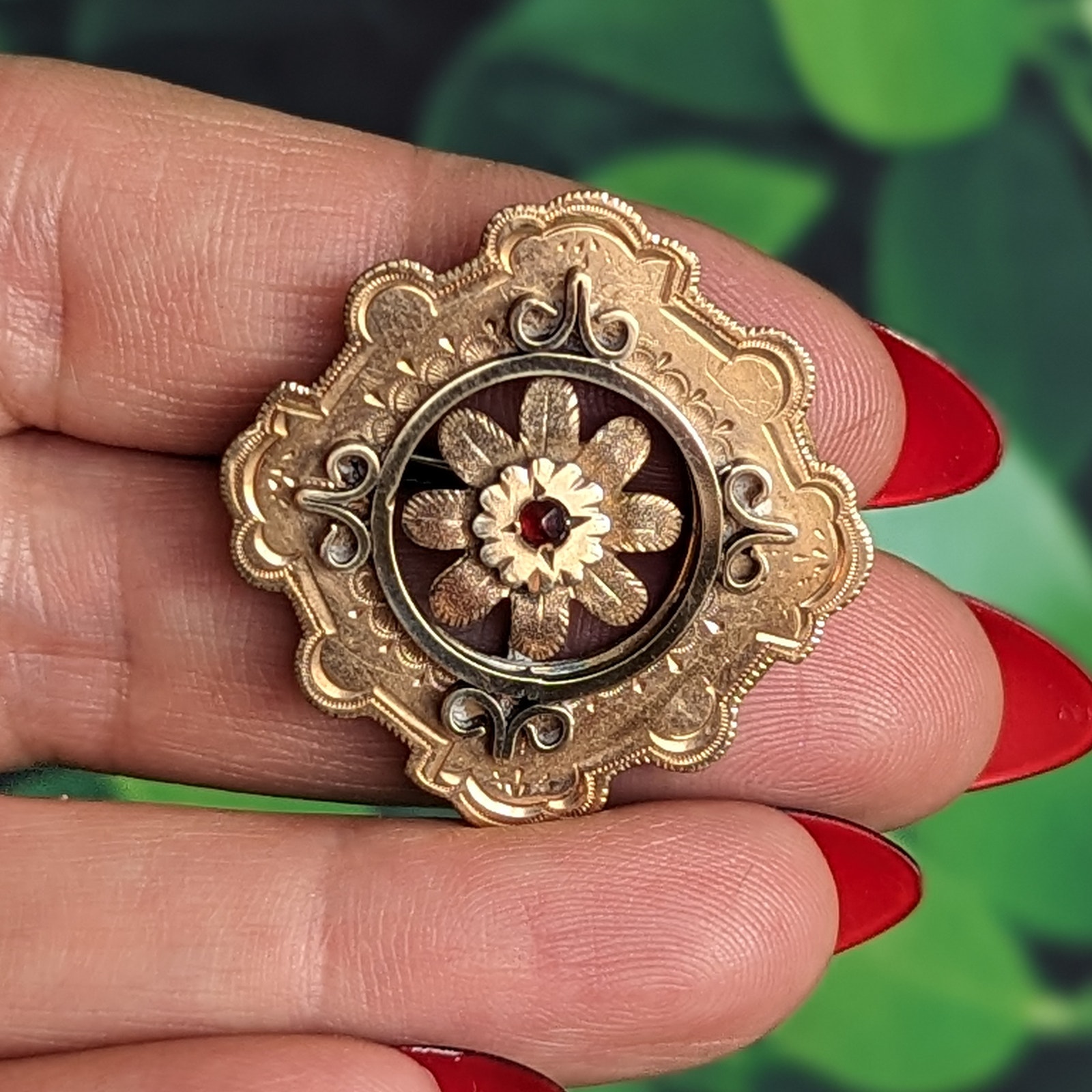 Antique Pendant Brooch- Gold Filled Victorian Pin Garnet Red Stone & Etching