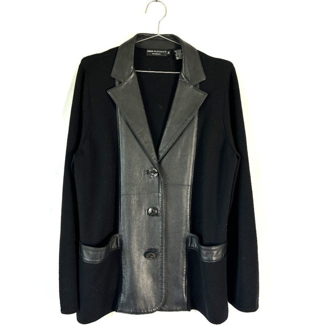 Dana Buchman Woman Blazer Jacket Black Wool Leather 1X MobWife