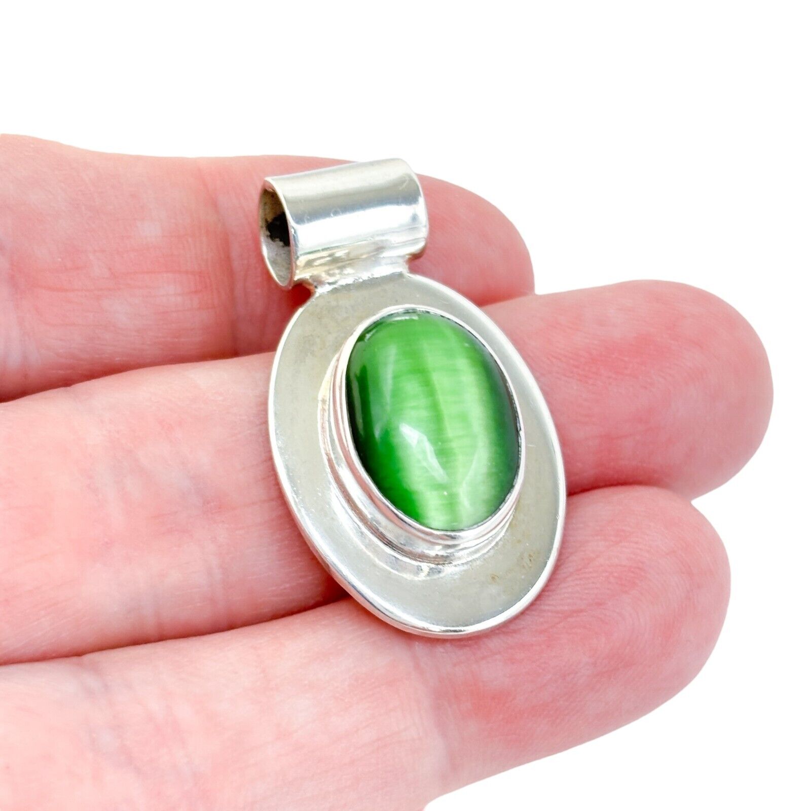 Vintage Mexico Sterling Silver 925 3.75cm Green Beryl Oval Pendant