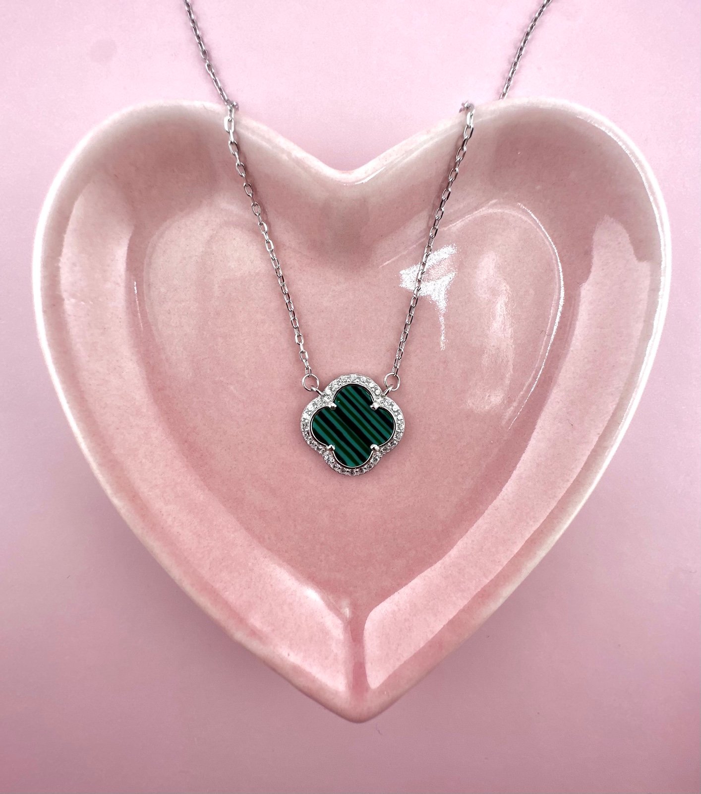 925 Sterling Sterling Green Malachite 4 Leaf Clover Necklace