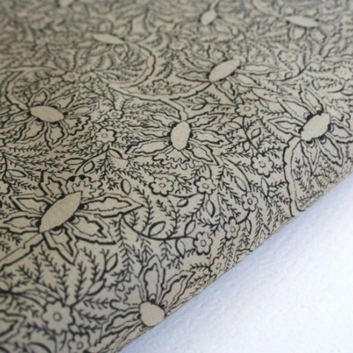 Mid century cotton fabric yardage olive khaki black floral small print 6 yards