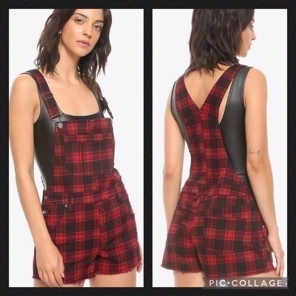 HT Denim Buffalo Plaid Red & Black Overalls Junior’s XL