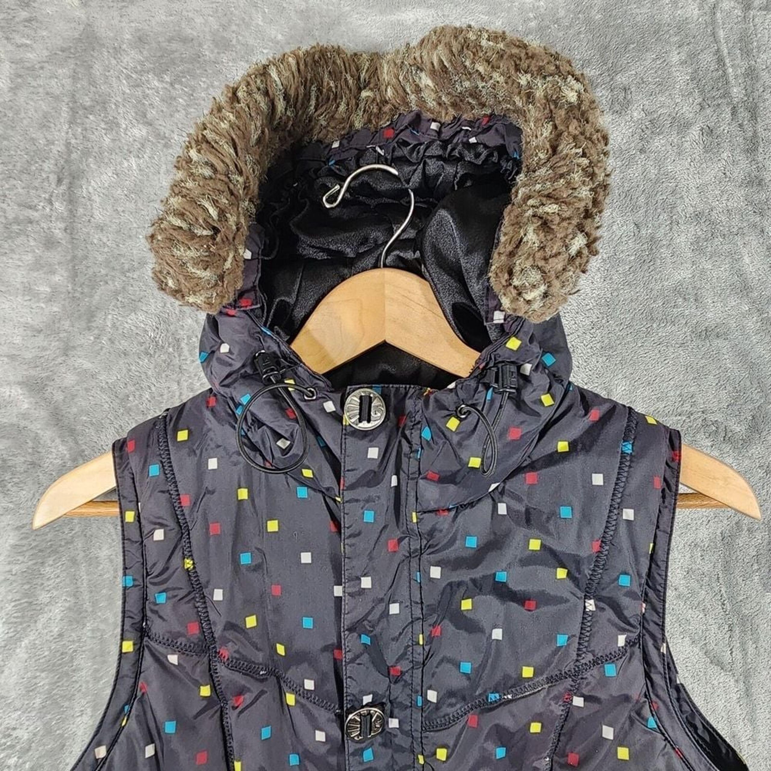 Burton Puffer Vest Women's Medium DryRide Sly Faux Fur Hood Polka Dot Blac