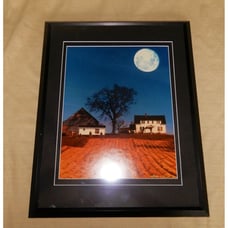 Beautiful signed framed & matted art print- farm under a full moon