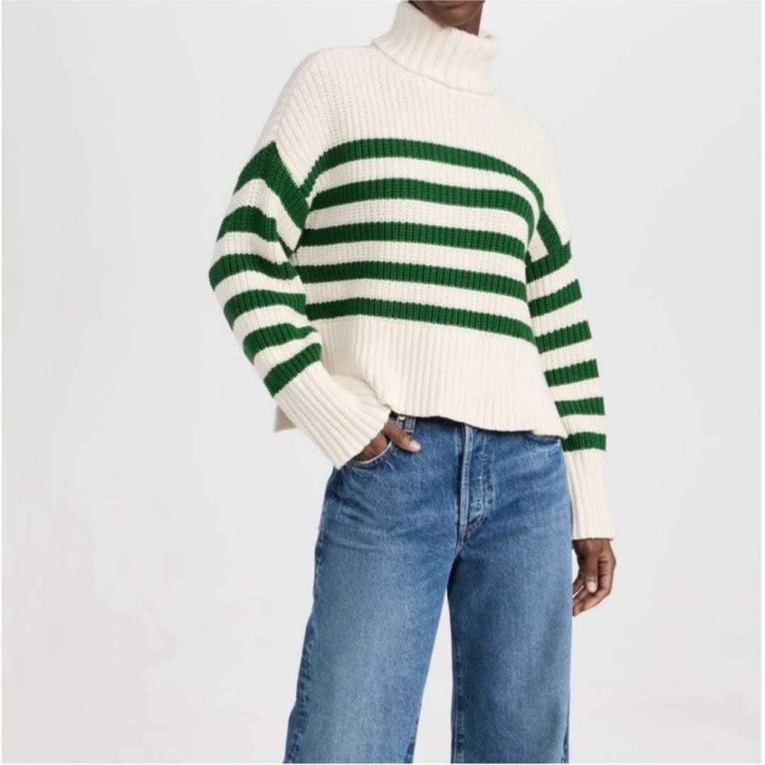 Madewell wide ribbed turtleneck sweater size SM white green stripe new