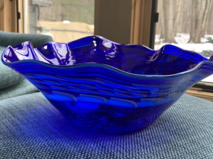 Blue hand blown glass bowl
