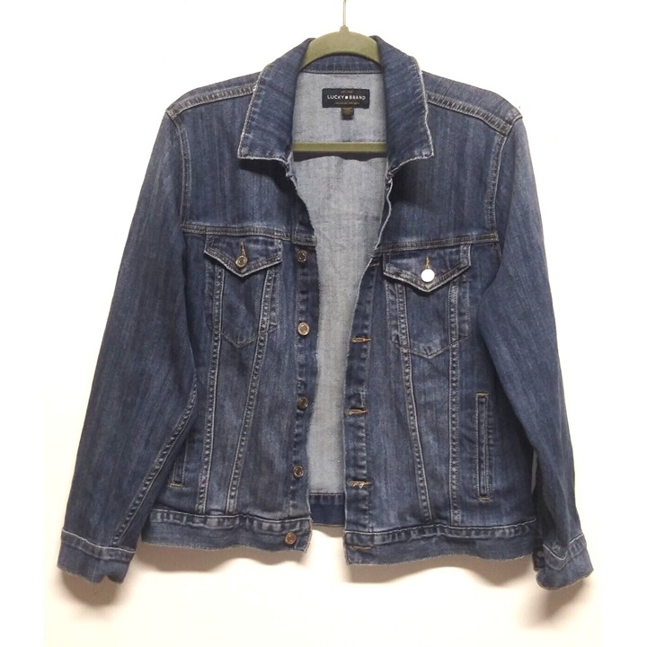 LUCKY BRAND Womens Denim Jacket The Tomboy Trucker XL distressed button up blue