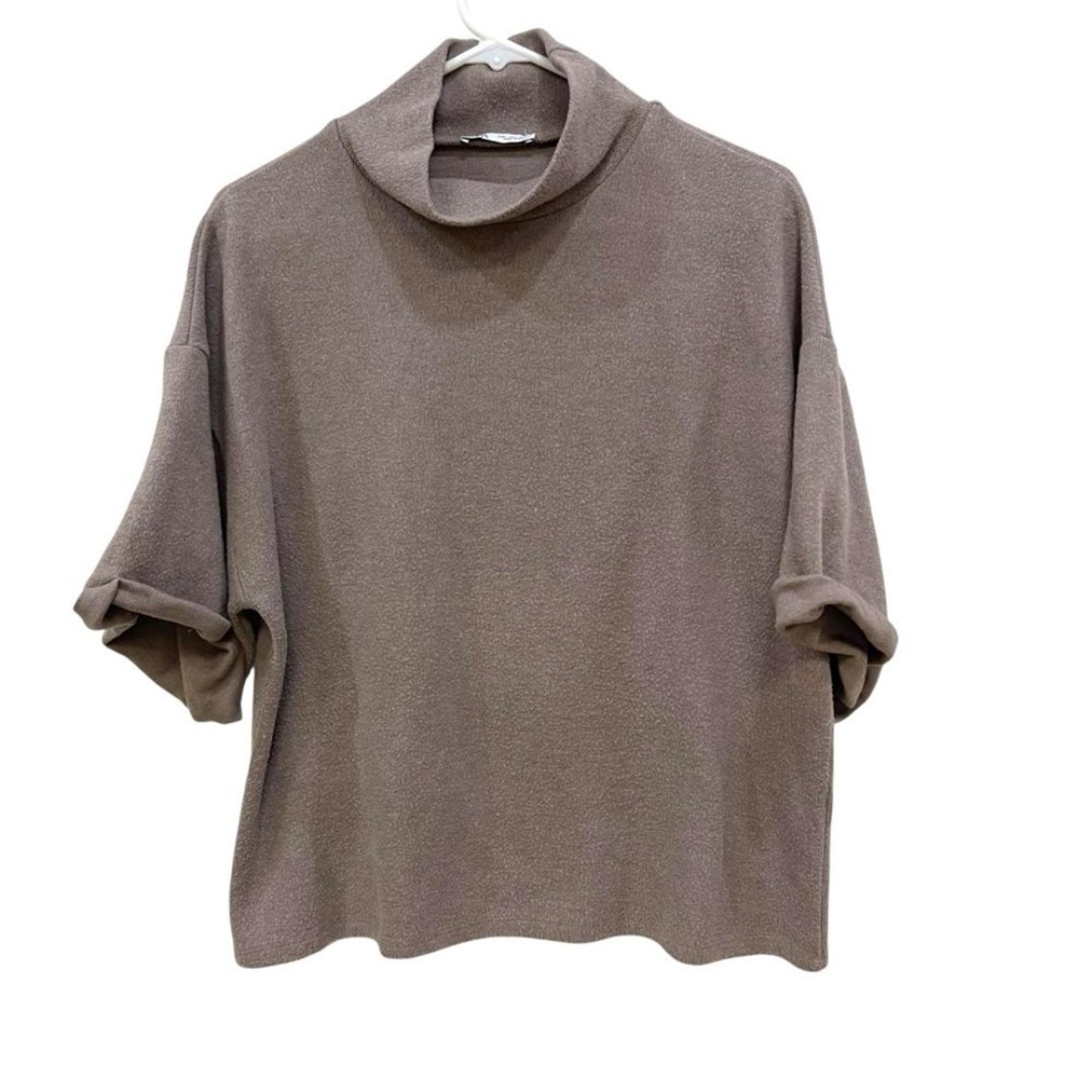 Zara Mock Neck Short Sleeve Sweater Taupe Boxy Casual Womens Large