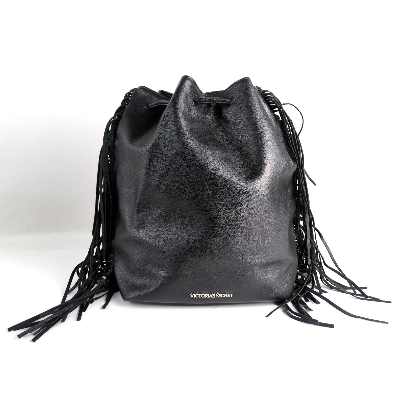 NWT Victoria's Secret Black Faux Leather Drawstring Fringe Sack Bag Backpack 85
