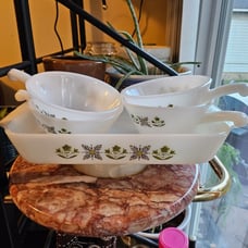 Vintage Fireking Meadow Green Loaf Pan & Soup Bowls