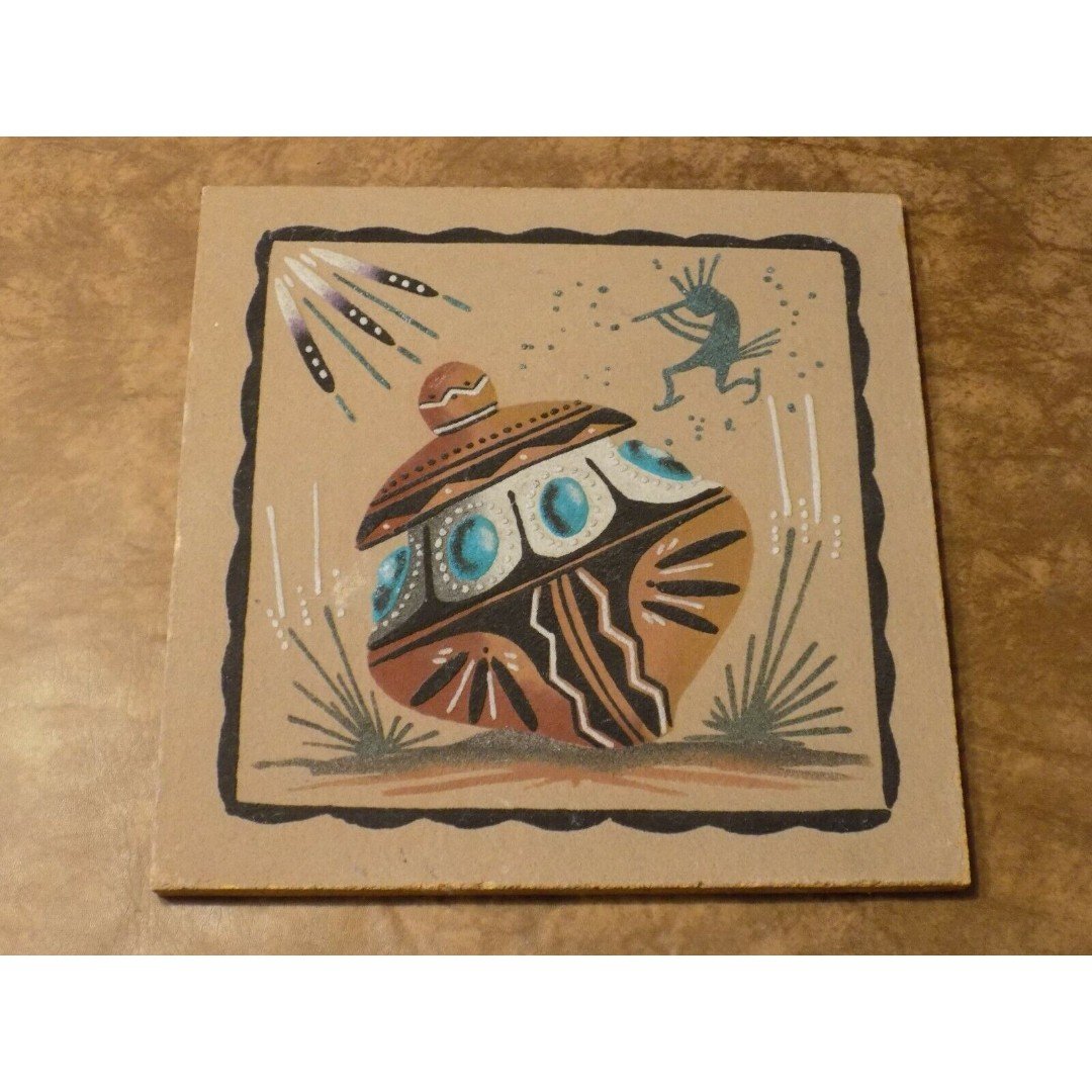 Native American Navajo Sand Painting Pottery Eagle/Kokopelli Picture Unframed