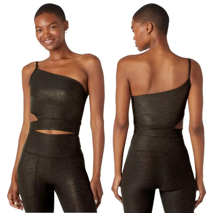 Beyond Yoga Softshine Wanderlust Cropped Tank Womens Small Black Gold SZ4629
