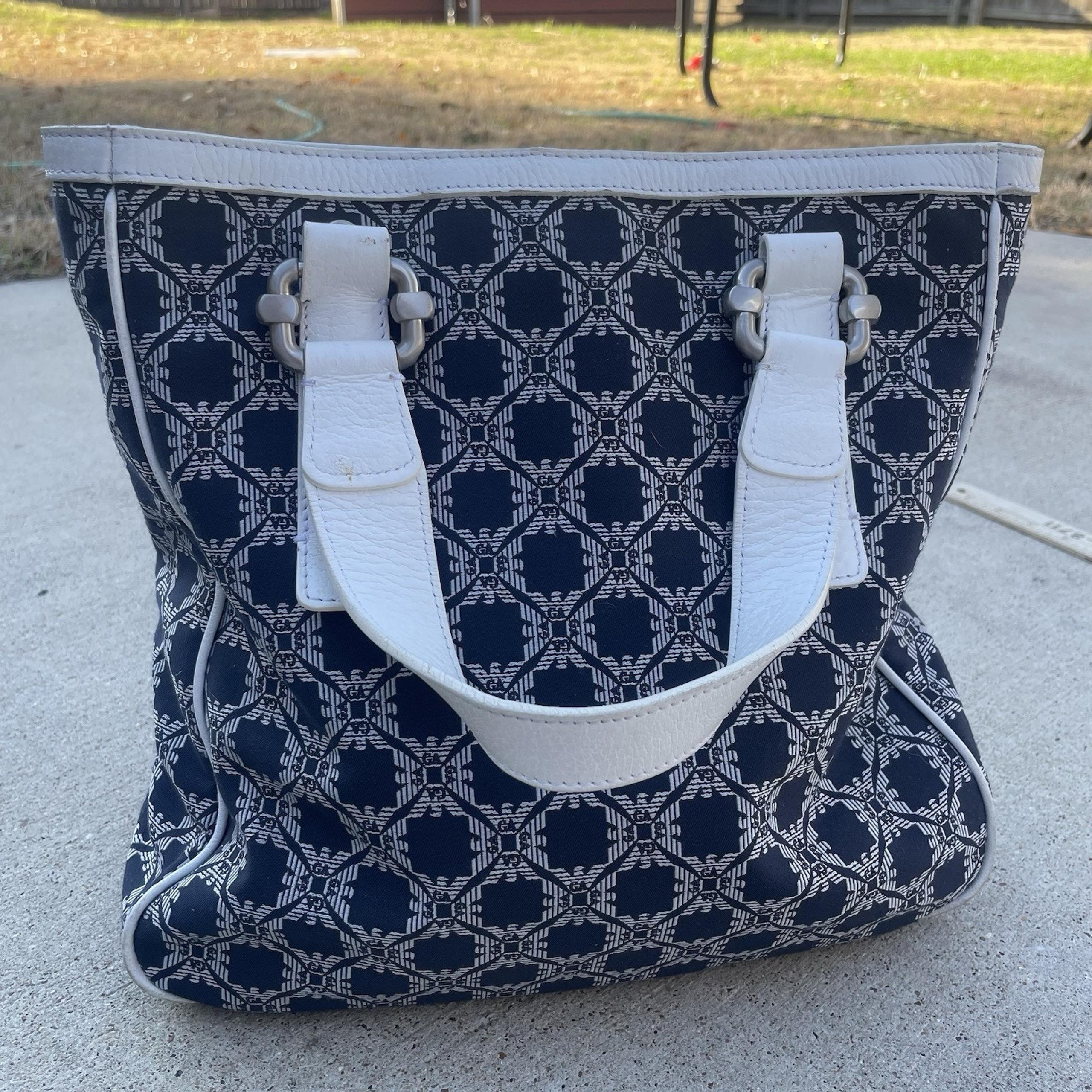 Vintage Emporio Armani Handbag Fabric Blue/White Made In Italy Purse Leather