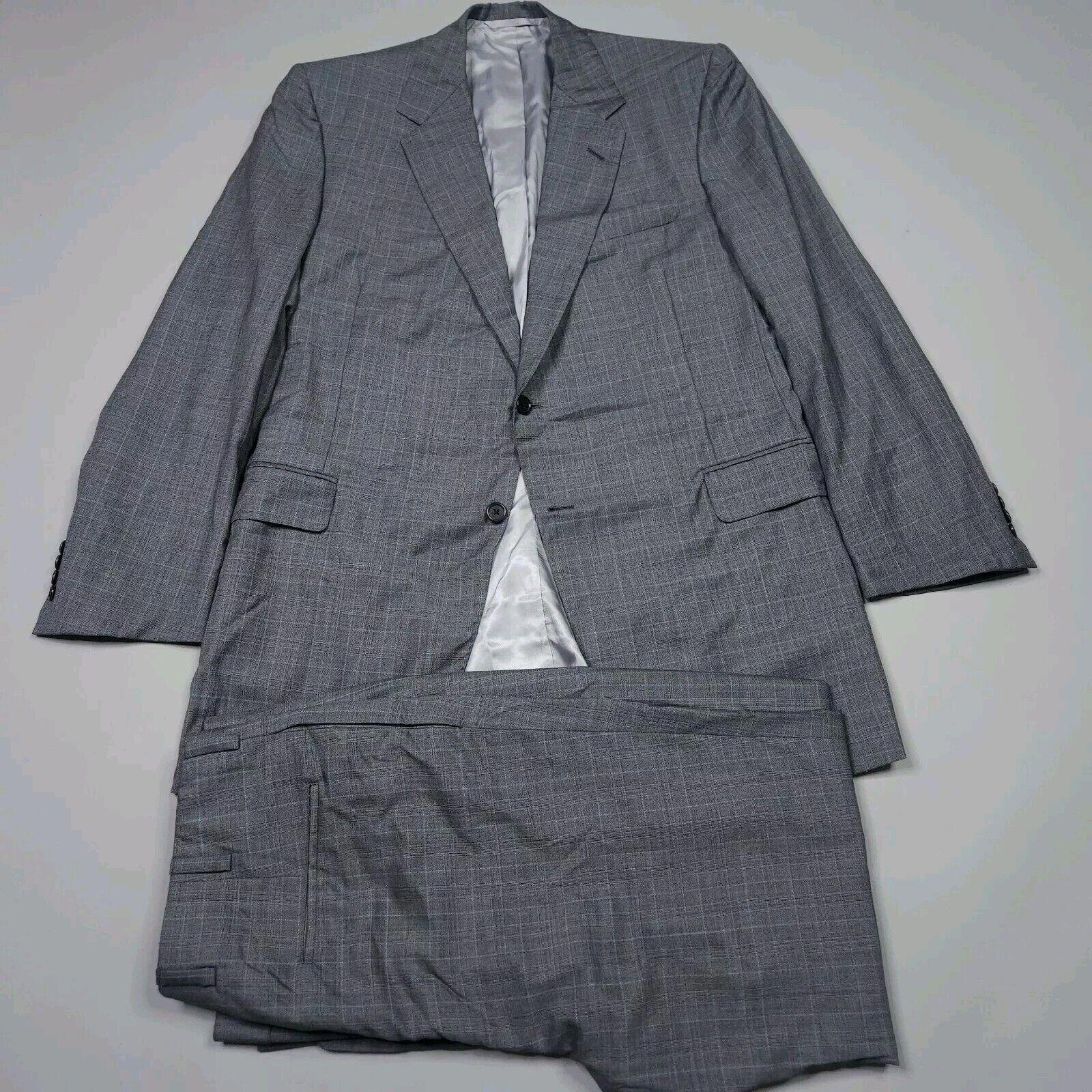 Oxxford Clothes Gibbons 2 Button Notch Gray Blue Plaid Luxury Wool Suit 44