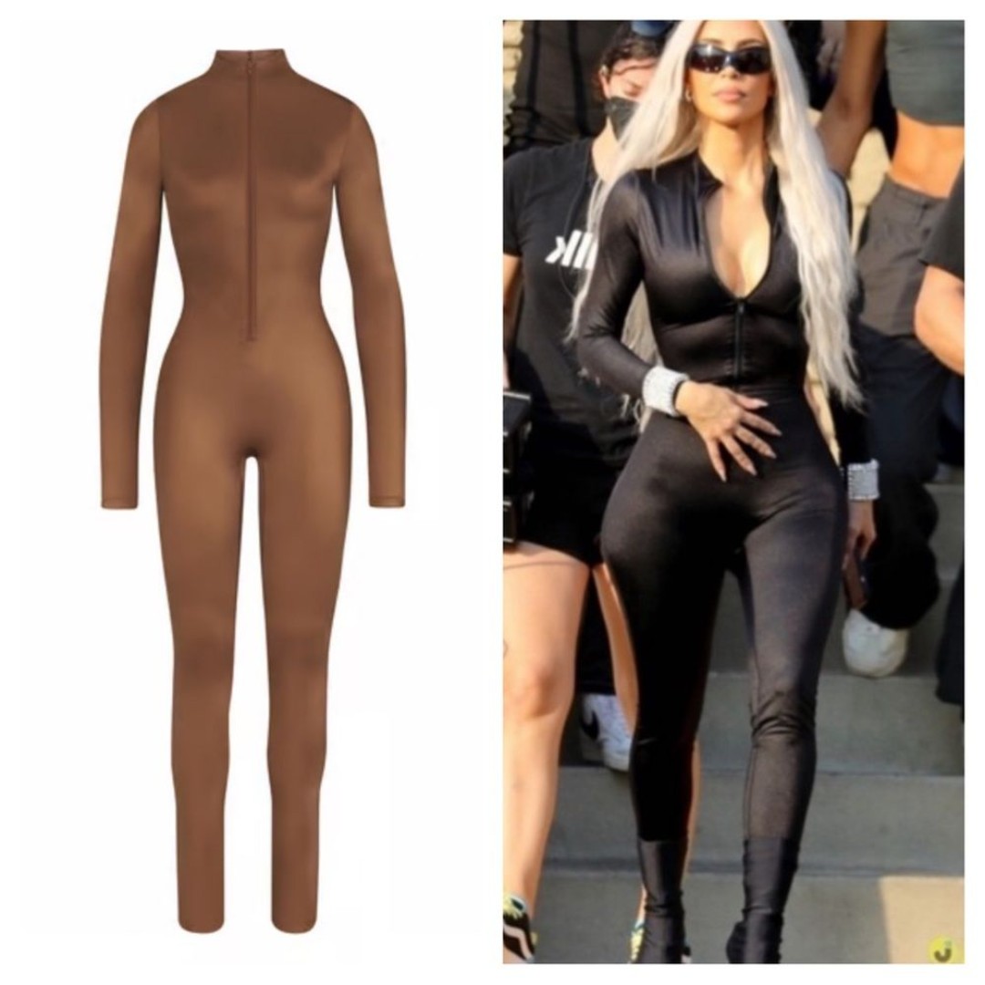 SKIMS All in One Shine Mock Neck Long Sleeve Onesie Catsuit in Caramel Size XL