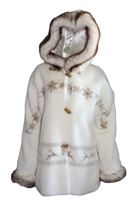 Herman Geist Plush Faux Fur Coat Button Up White/Brown Women's Size L