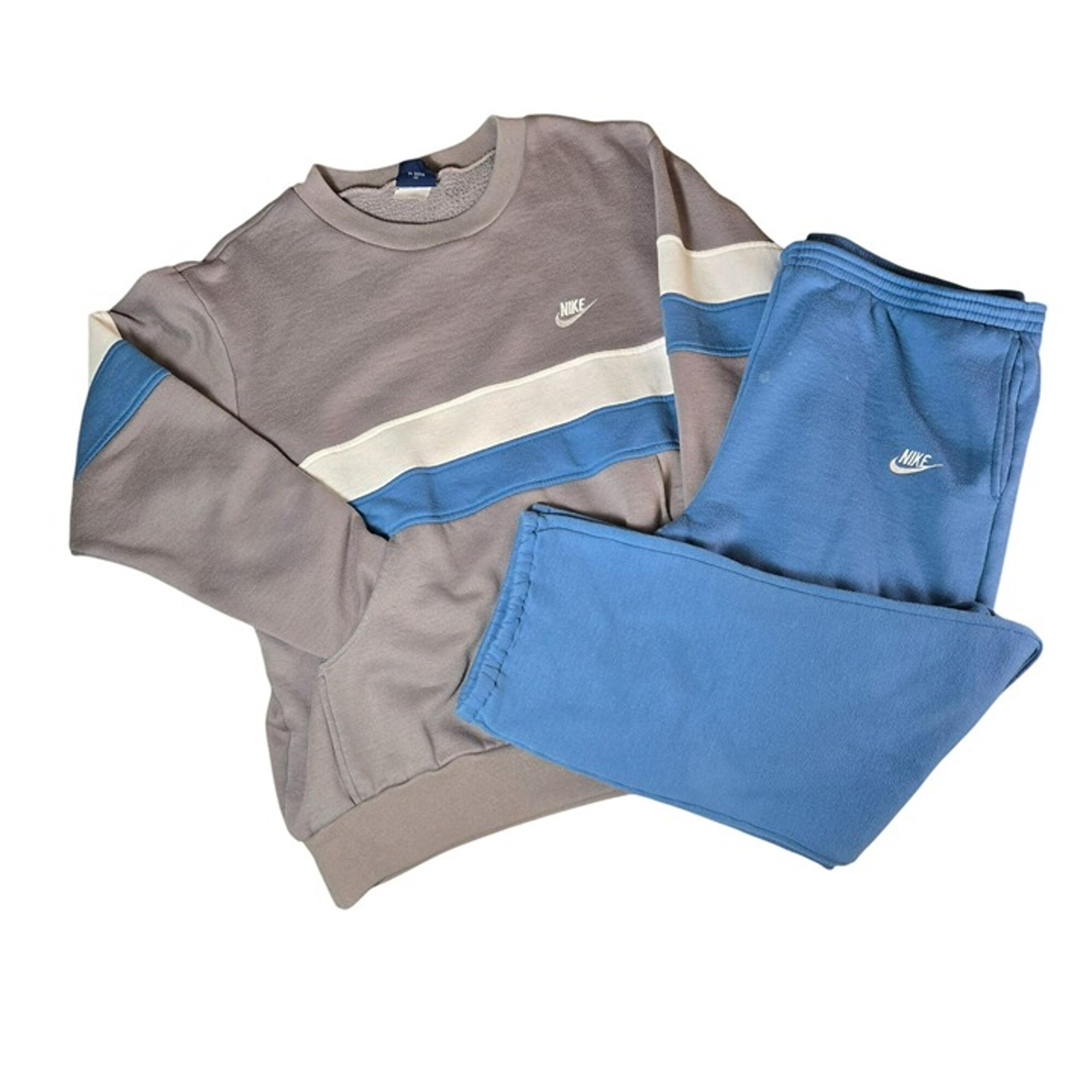 VTG 80s Nike Mens XL Sweatshirt & Pants Sweats Set Blue Gray Stripes Pockets