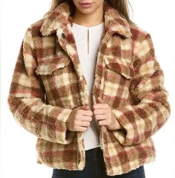 Avec Les Filles Beige/Brown/Pink Plaid Sherpa Trucker Shacket Jacket Sz Medium